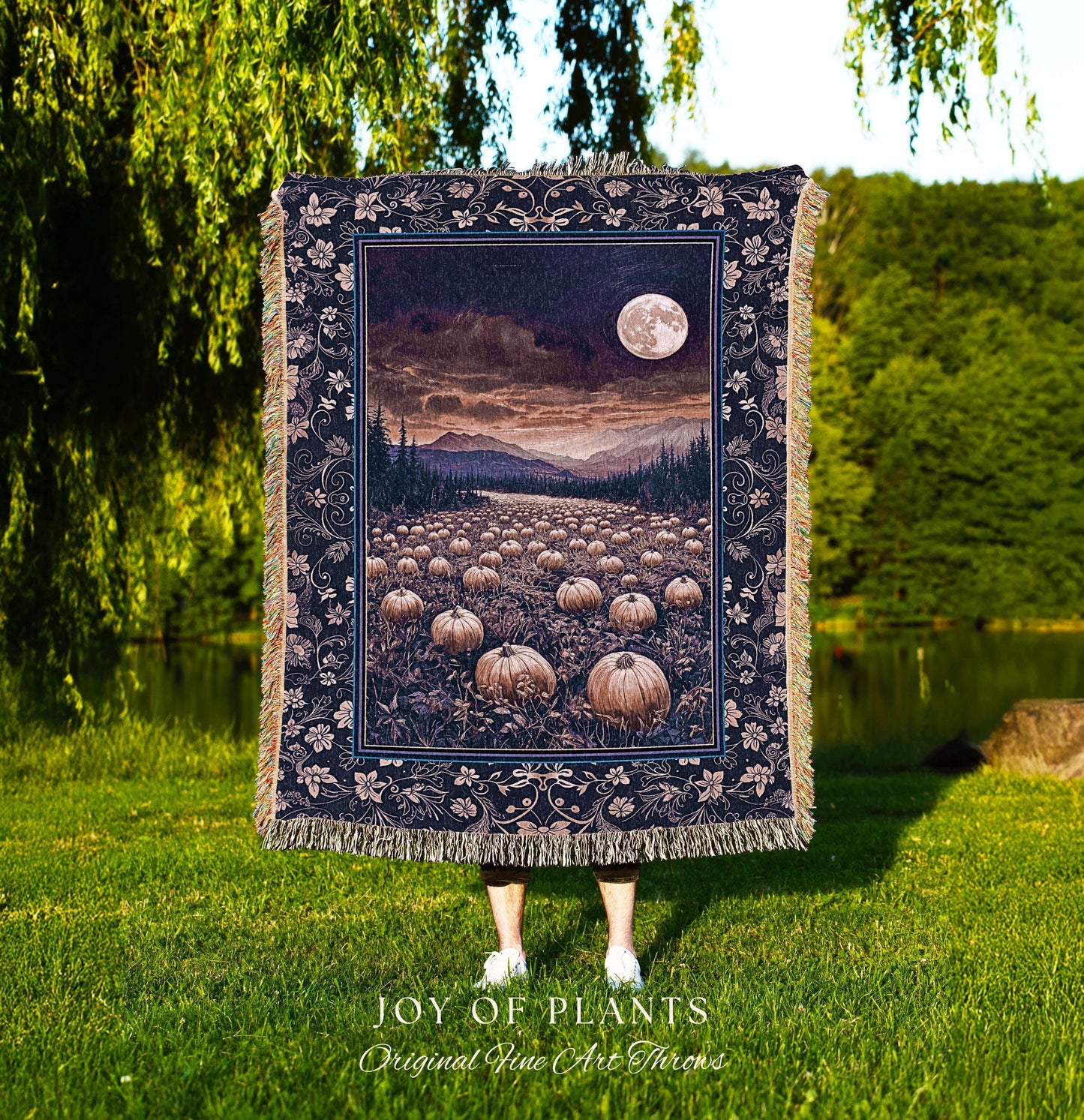 Midnight Purple Moonlit Autumn Blanket | Cozy Pumpkin Tapestry Rustic Halloween Aesthetic Whimsigoth Dark Academia Fall Vibes Witchy Accent