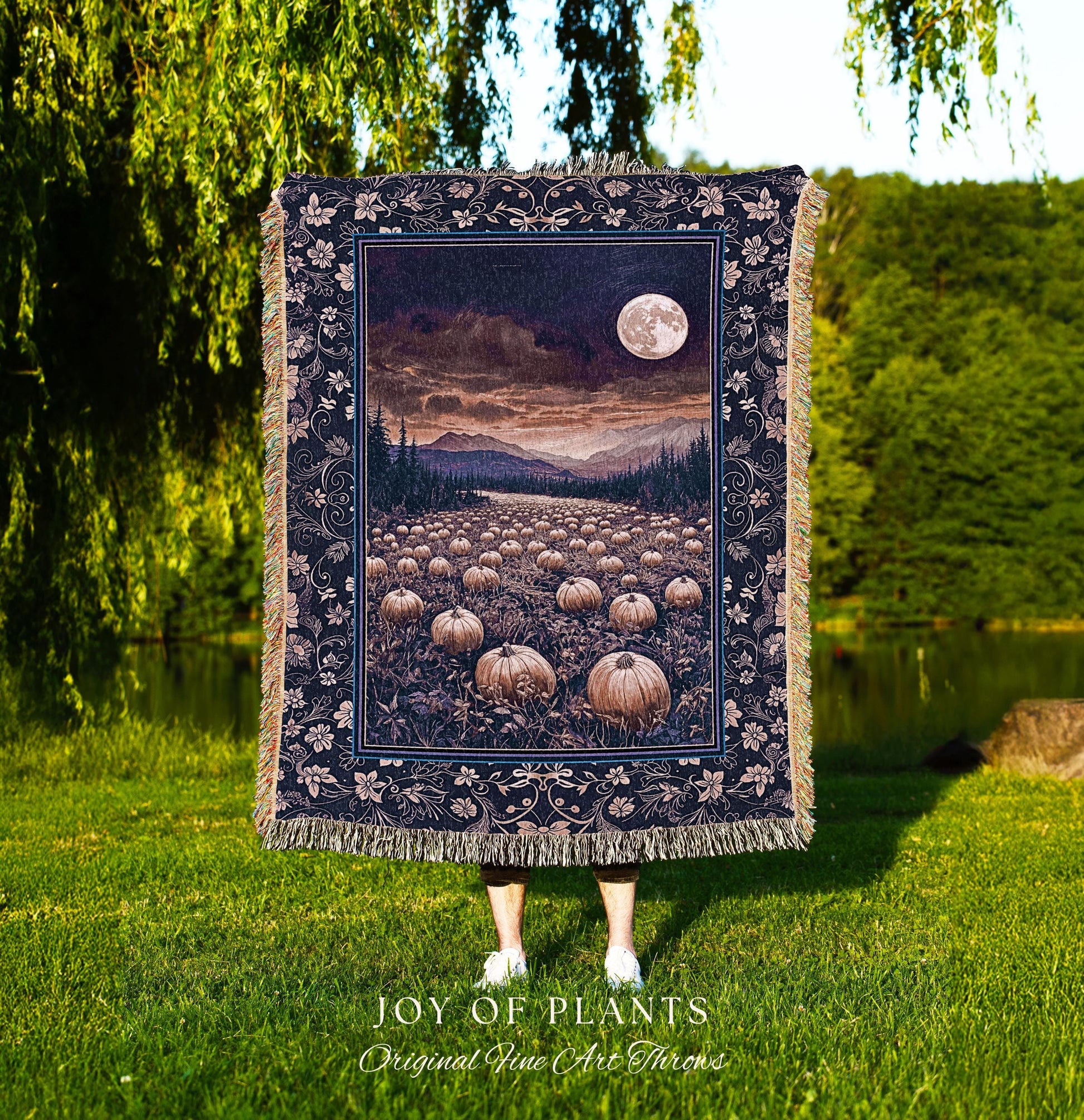 Midnight Purple Moonlit Autumn Blanket | Cozy Pumpkin Tapestry Rustic Halloween Aesthetic Whimsigoth Dark Academia Fall Vibes Witchy Accent