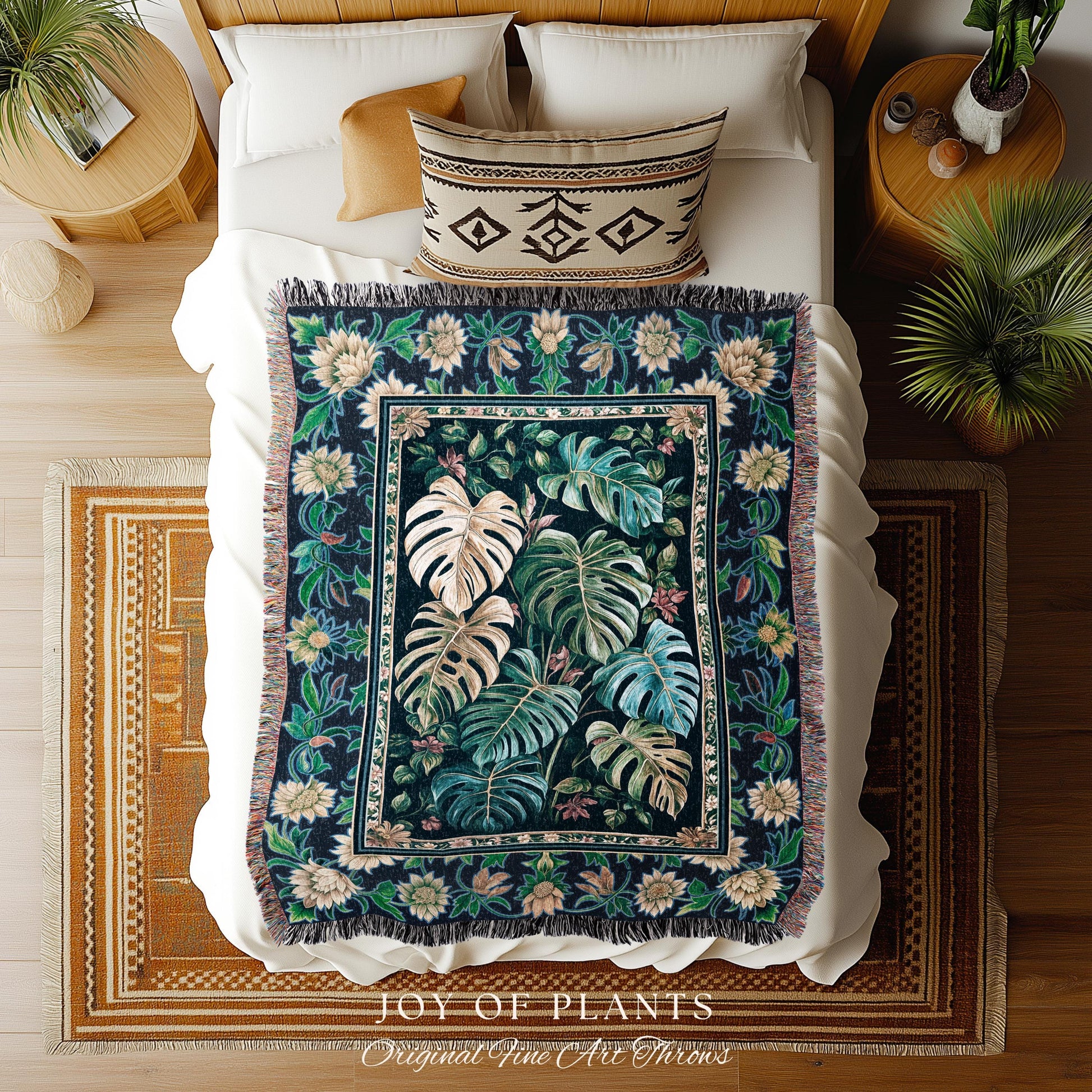 Elegant Jungle Leaves Blanket Woven | Dreamy Cottagecore Maximalist Tapestry for Houseplant Lover Cute Forestcore Woodland Jungle Vibes |