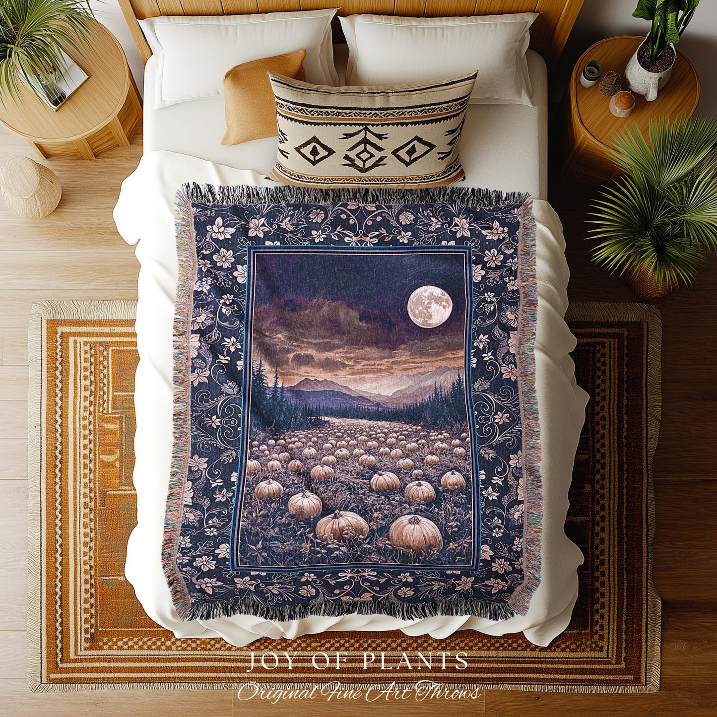 Midnight Purple Moonlit Autumn Blanket | Cozy Pumpkin Tapestry Rustic Halloween Aesthetic Whimsigoth Dark Academia Fall Vibes Witchy Accent