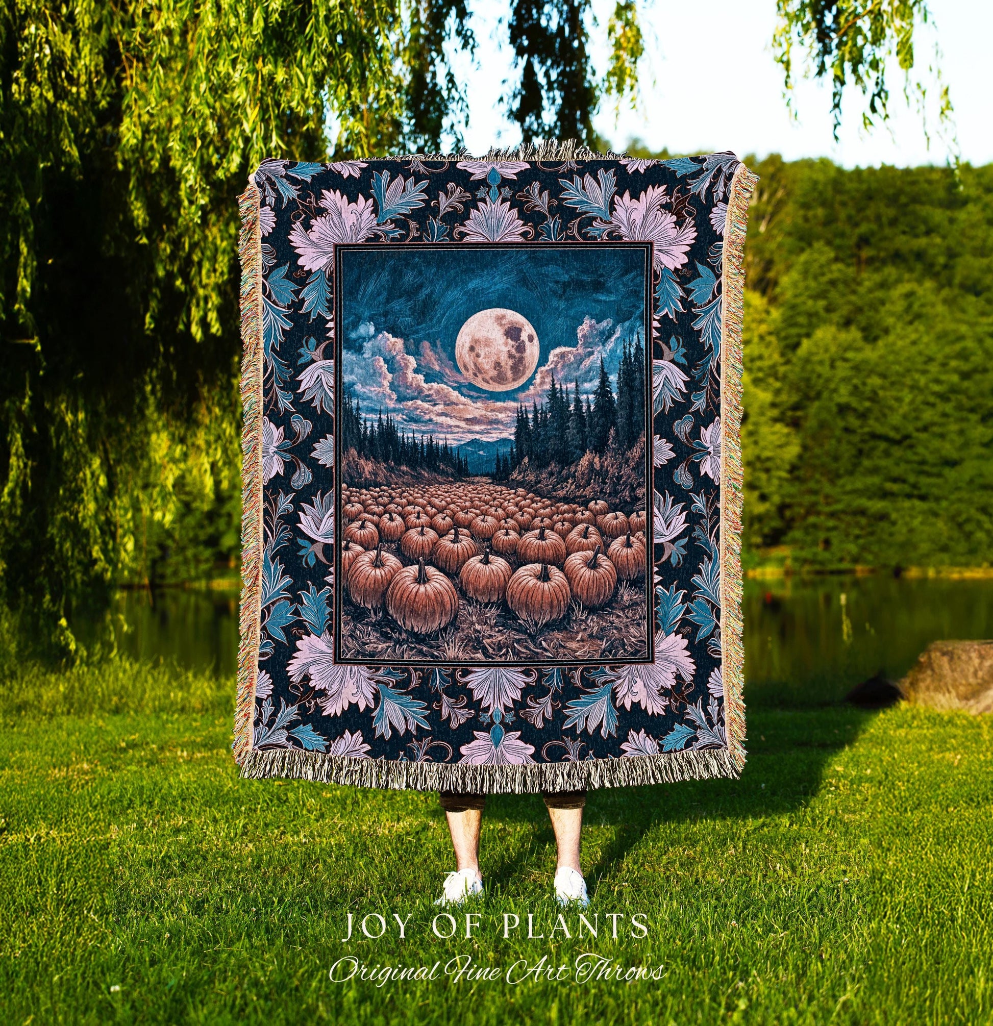 Soft Autumn Aesthetic Pumpkin Tapestry | Pastel Rustic Fall Woven Blanket Decor Whimsigoth Full Moon Spooky Season Halloween Throw Accent |