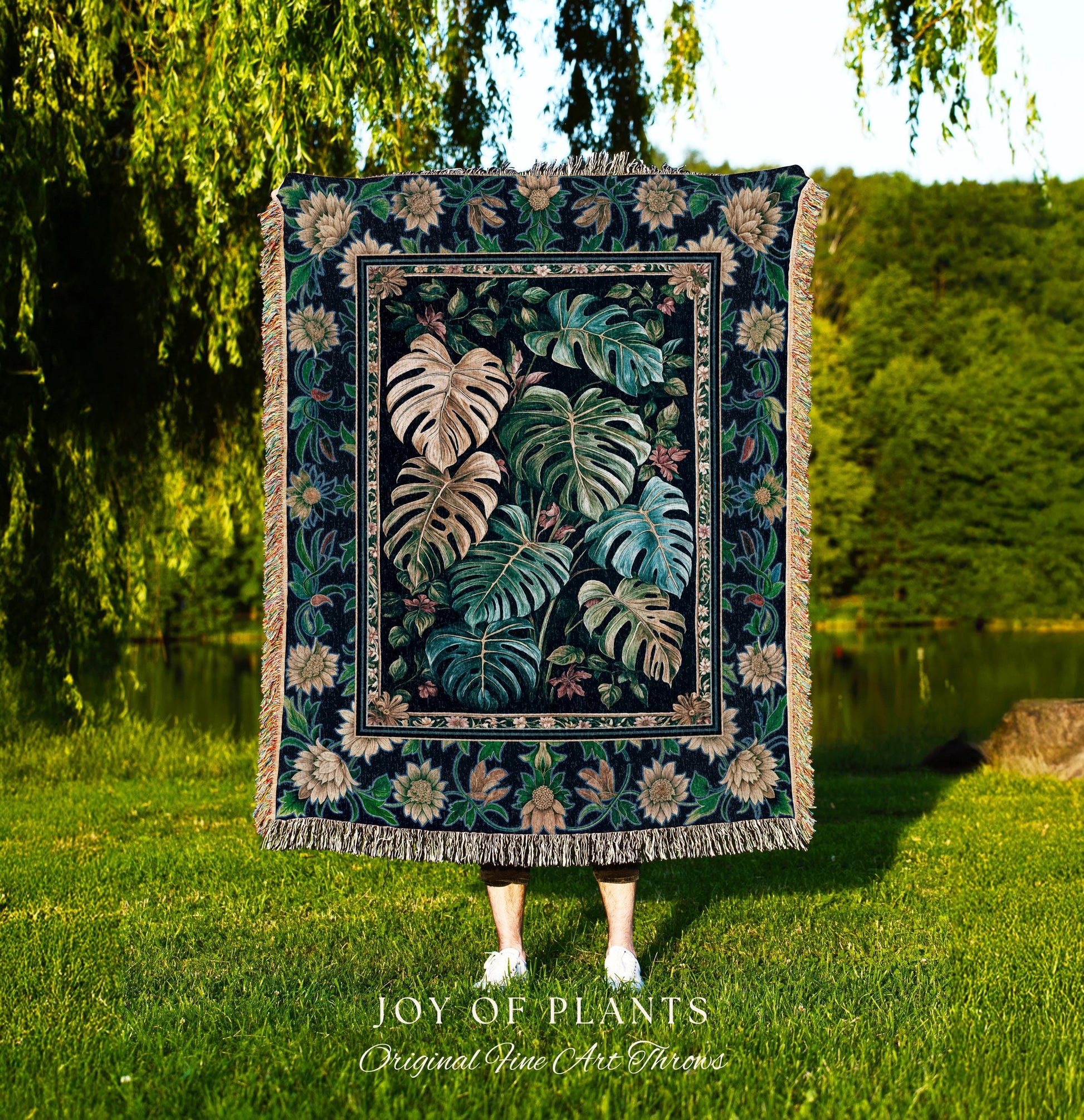 Elegant Jungle Leaves Blanket Woven | Dreamy Cottagecore Maximalist Tapestry for Houseplant Lover Cute Forestcore Woodland Jungle Vibes |