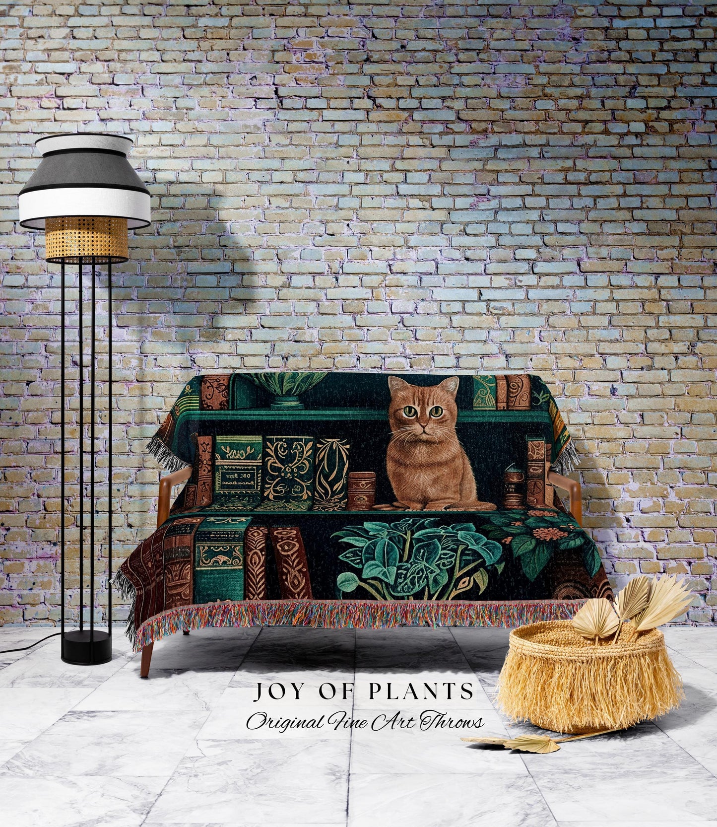 Enchanted Library Cat Bookshelf Blanket | Moody Botanical Bedroom Victorian Gothic Woodland Fantasy Reading Corner Dark Academia Tapestry |