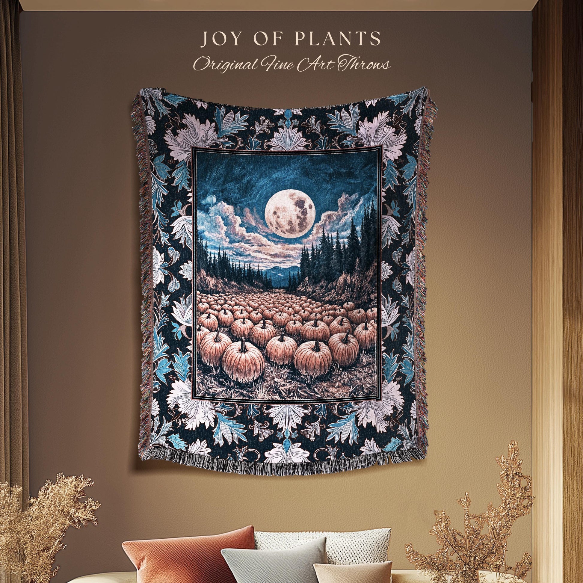 Soft Autumn Aesthetic Pumpkin Tapestry | Pastel Rustic Fall Woven Blanket Decor Whimsigoth Full Moon Spooky Season Halloween Throw Accent |