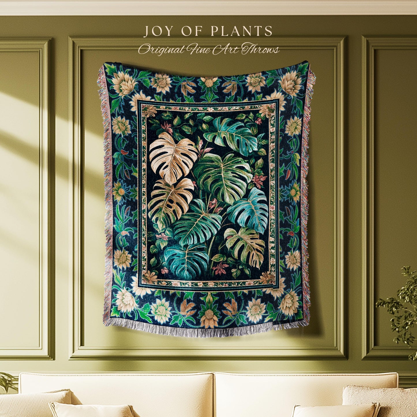 Elegant Jungle Leaves Blanket Woven | Dreamy Cottagecore Maximalist Tapestry for Houseplant Lover Cute Forestcore Woodland Jungle Vibes |