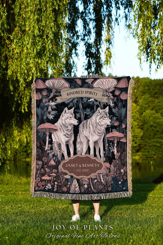 Mushroom Forest Wolf Couple Tapestry Blanket | Cottagecore Wedding Anniversary Mr & Mrs Personalized Unique Cute Couple Gift for Boyfriend |