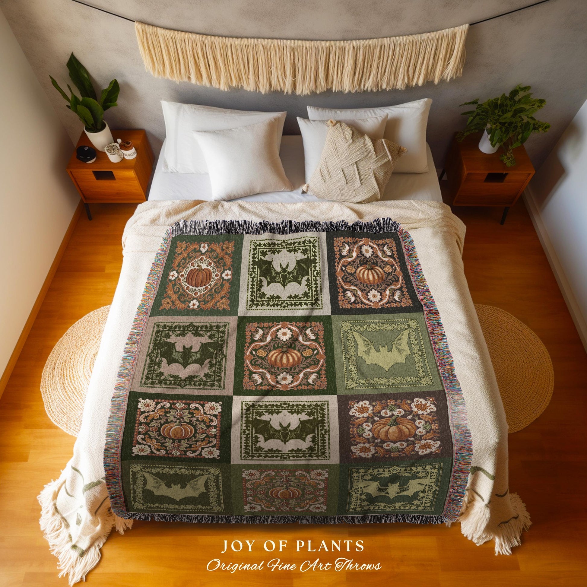 Retro Halloween Pumpkin Bat Blanket Fall Lovers Gift Cozy Home Decor | Vintage Aesthetic Cottagecore Bat Pumpkin Autumn Woven Throw Blanket