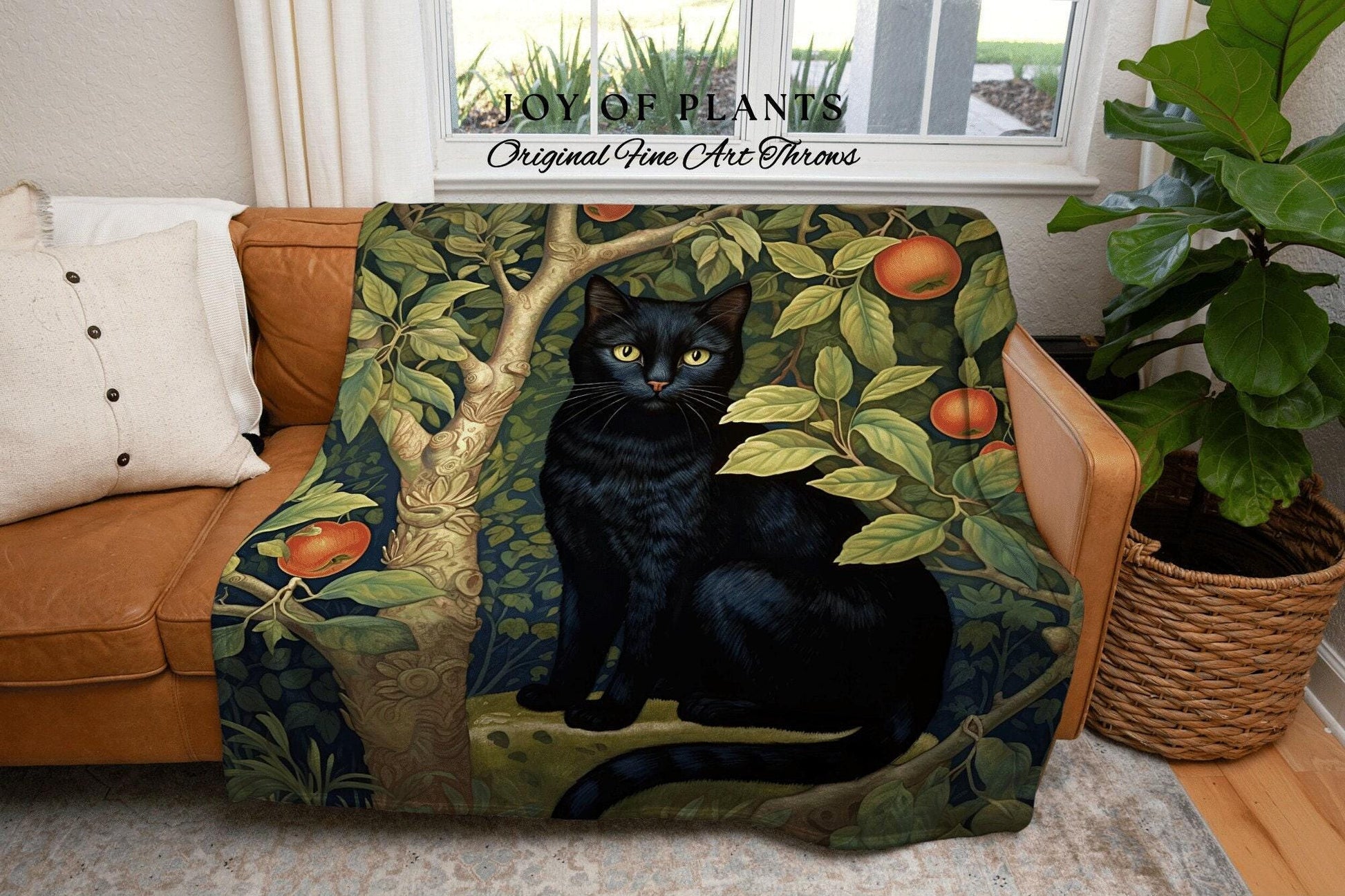 Botanical Black Cat Blanket | Woven Fringe Blanket Cat lover Gift Vintage Tapestry William Morris Throw Morris Decor Black Cat Blanket Cute