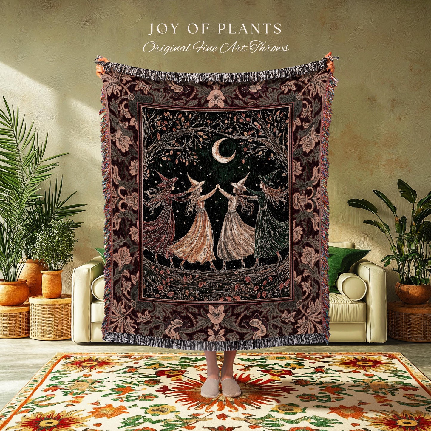 Celestial Coven Witchy Throw Blanket | Mystic Fairytale Sorceress Moonlit Romantic Victorian Woven Wall Tapestry Dark Academia Whimsical |