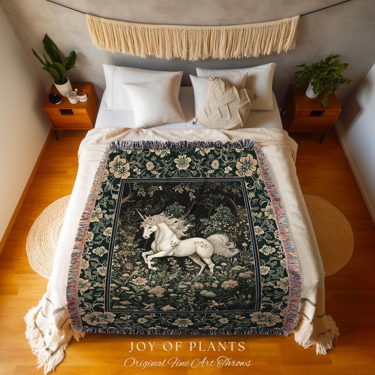 Earthy Ethereal Unicorn Throw Blanket | Whimsical Nature Fairytale Magic Medieval Woven Tapestry Woodland Aesthetic Storybook Nostalgic |