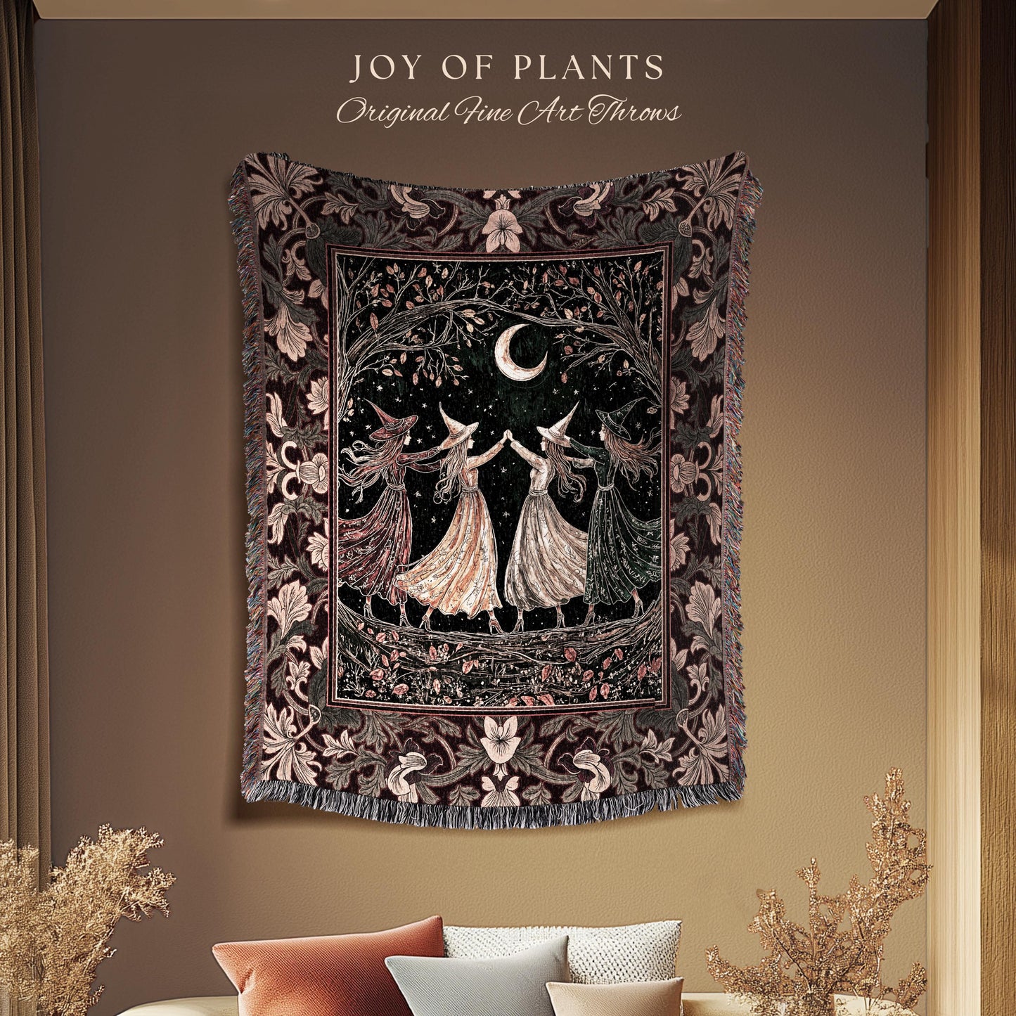 Celestial Coven Witchy Throw Blanket | Mystic Fairytale Sorceress Moonlit Romantic Victorian Woven Wall Tapestry Dark Academia Whimsical |