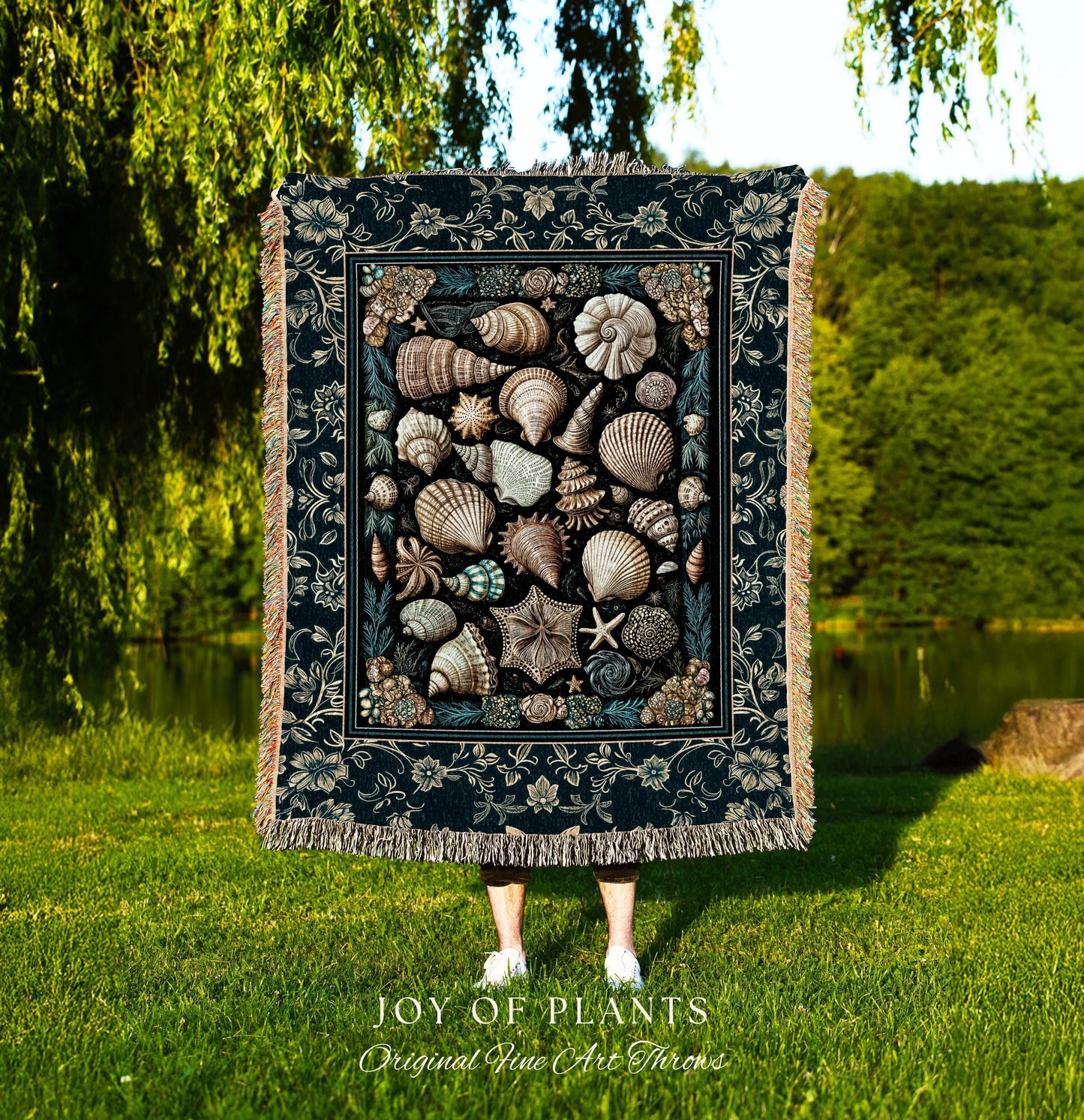 Maximalist Seashell Nautical Throw Blanket | Mermaidcore Coastal Woven Wall Tapestry Crustacean Inspired Beach House Summer Marine Bedding |