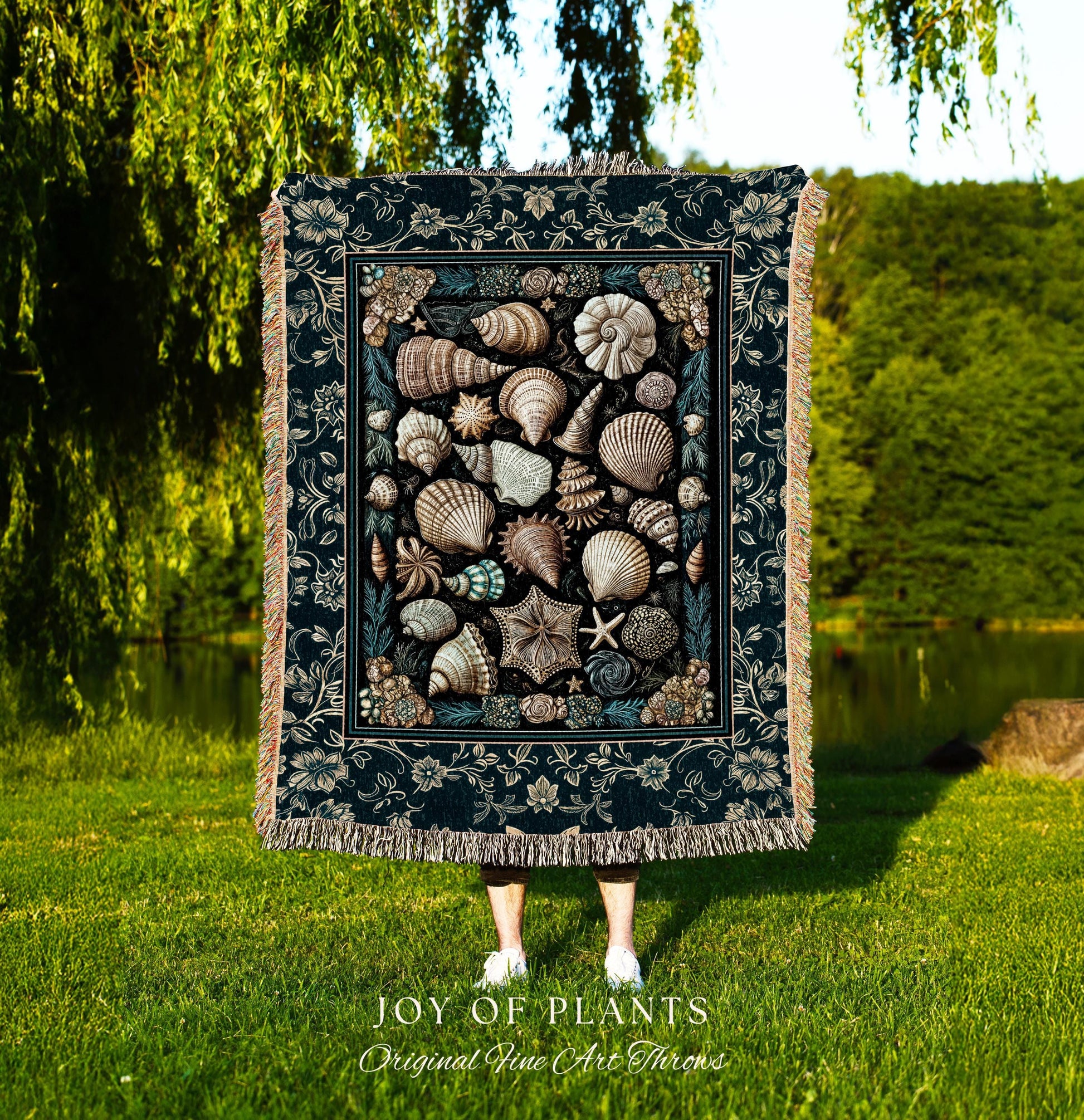 Maximalist Seashell Nautical Throw Blanket | Mermaidcore Coastal Woven Wall Tapestry Crustacean Inspired Beach House Summer Marine Bedding |
