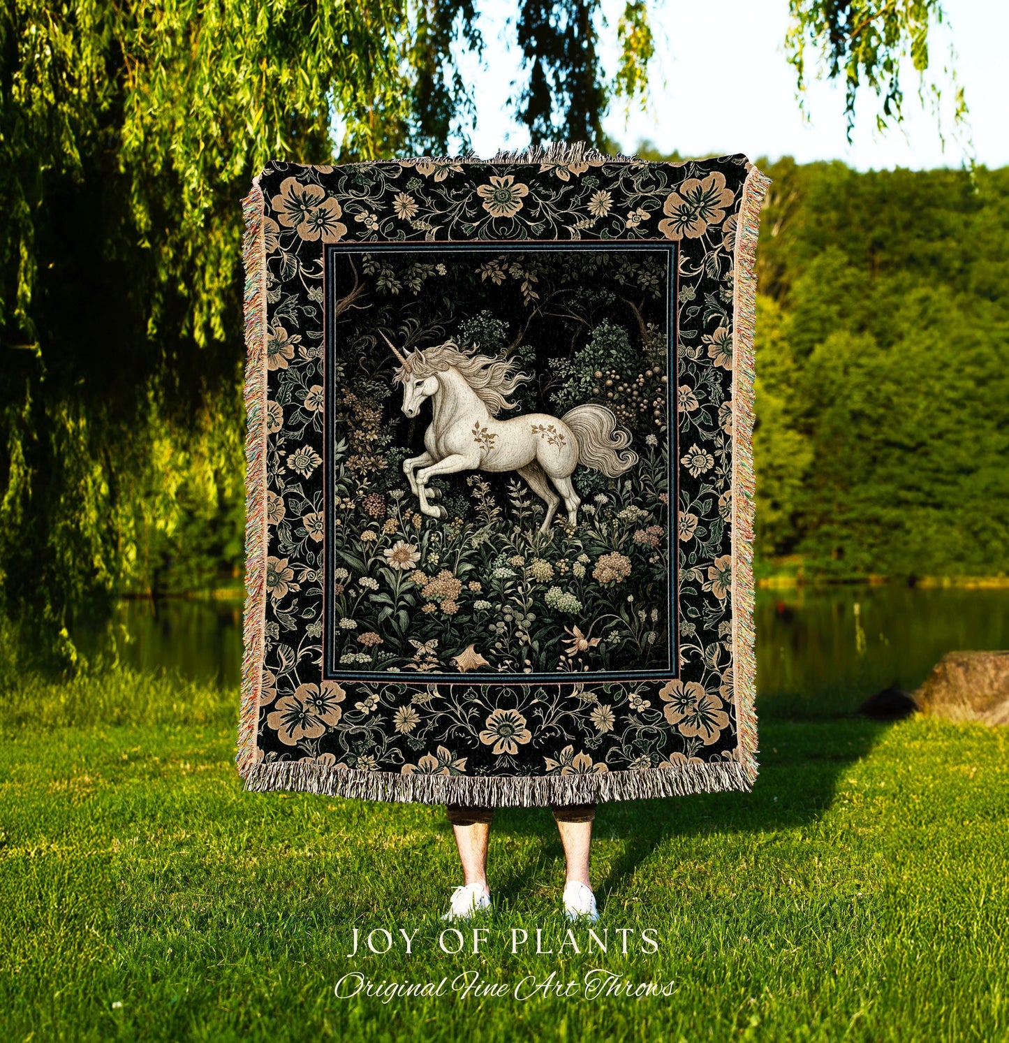 Earthy Ethereal Unicorn Throw Blanket | Whimsical Nature Fairytale Magic Medieval Woven Tapestry Woodland Aesthetic Storybook Nostalgic |