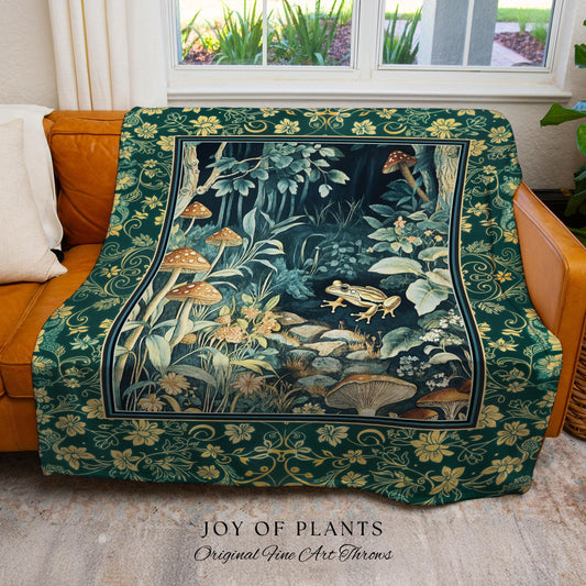 Retro Fungi Forest Throw Blanket | Botanical Wonders Mystic Cute Outdoorsy Woven Tapestry for Eclectic Bedroom Goblincore Fairycore Woodland