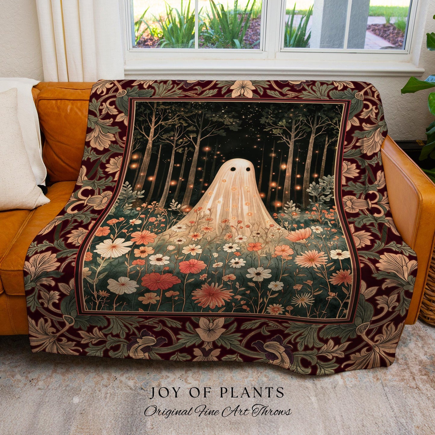 Firefly Forest Ghost Floral Tapestry | Whimsigoth Spooky Cute Cottagecore Woven Throw Blanket Decor Botanical Spirit Season Witchy Vintage