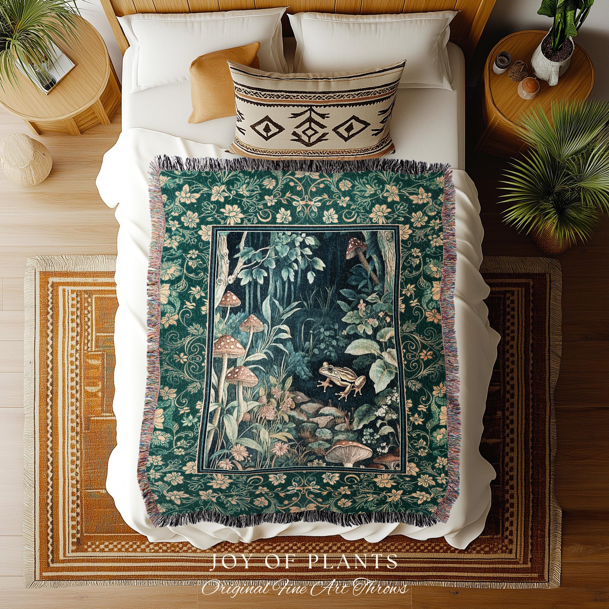 Retro Fungi Forest Throw Blanket | Botanical Wonders Mystic Cute Outdoorsy Woven Tapestry for Eclectic Bedroom Goblincore Fairycore Woodland