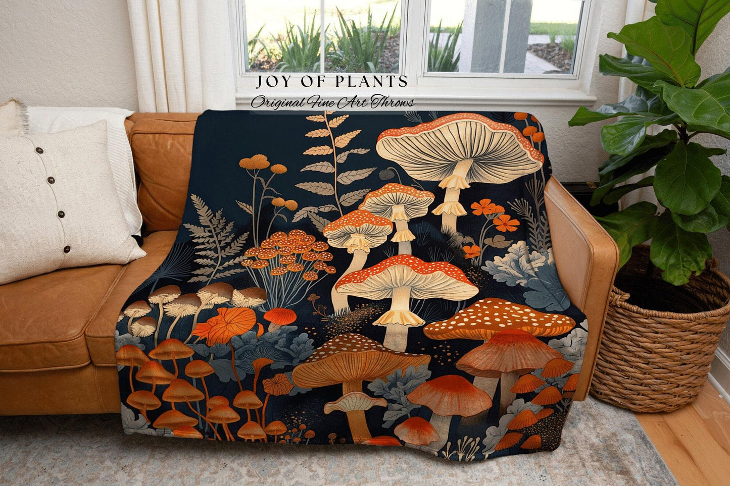 Rustic Toadstool Blanket Woven Fringe | Eclectic Throw for Mushroom Lover Gift Whimsical Room Decor Reading Nook Aesthetic Boho Tapestry