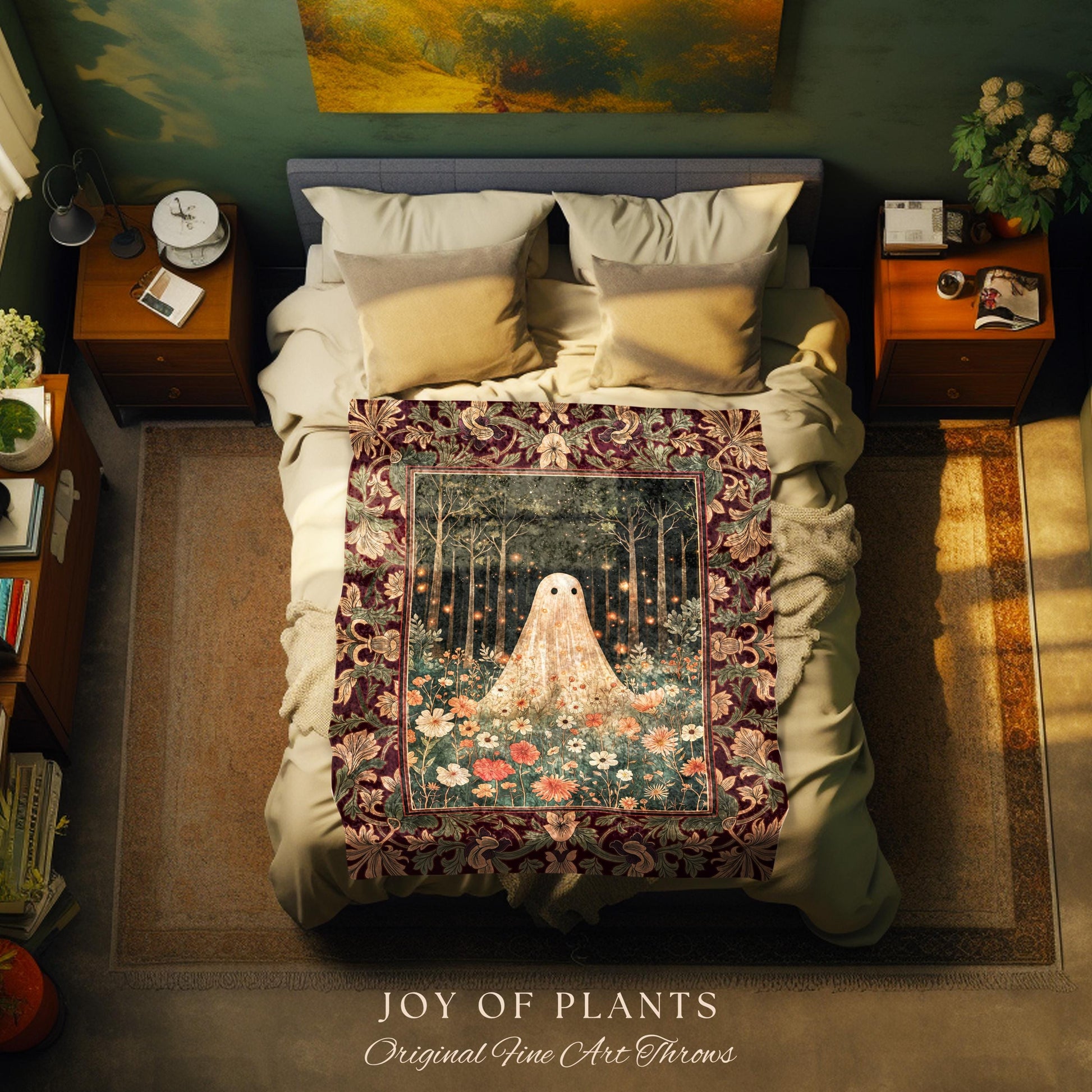 Firefly Forest Ghost Floral Tapestry | Whimsigoth Spooky Cute Cottagecore Woven Throw Blanket Decor Botanical Spirit Season Witchy Vintage