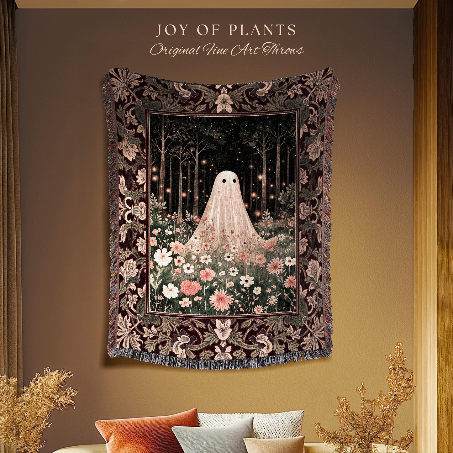 Firefly Forest Ghost Floral Tapestry | Whimsigoth Spooky Cute Cottagecore Woven Throw Blanket Decor Botanical Spirit Season Witchy Vintage