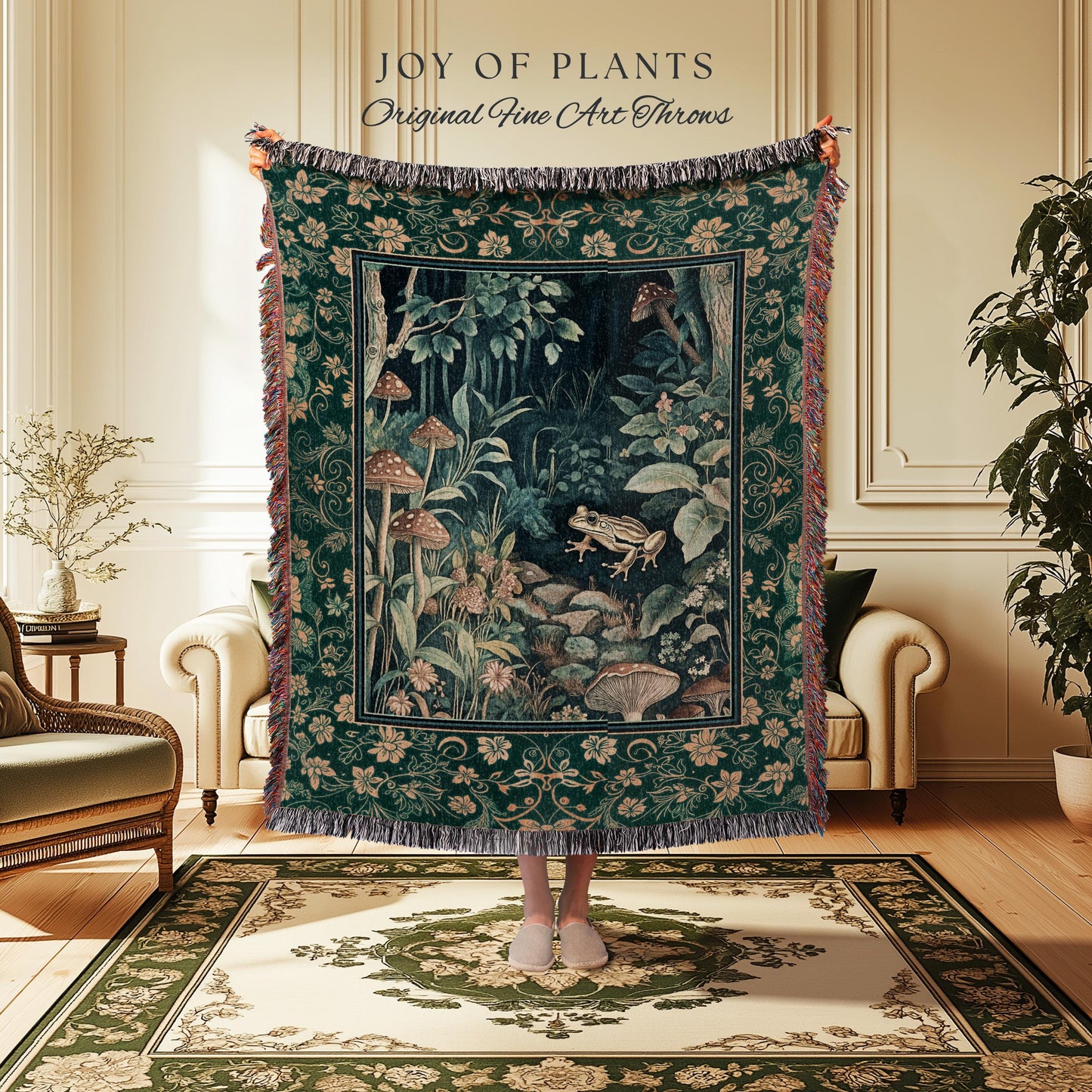 Retro Fungi Forest Throw Blanket | Botanical Wonders Mystic Cute Outdoorsy Woven Tapestry for Eclectic Bedroom Goblincore Fairycore Woodland