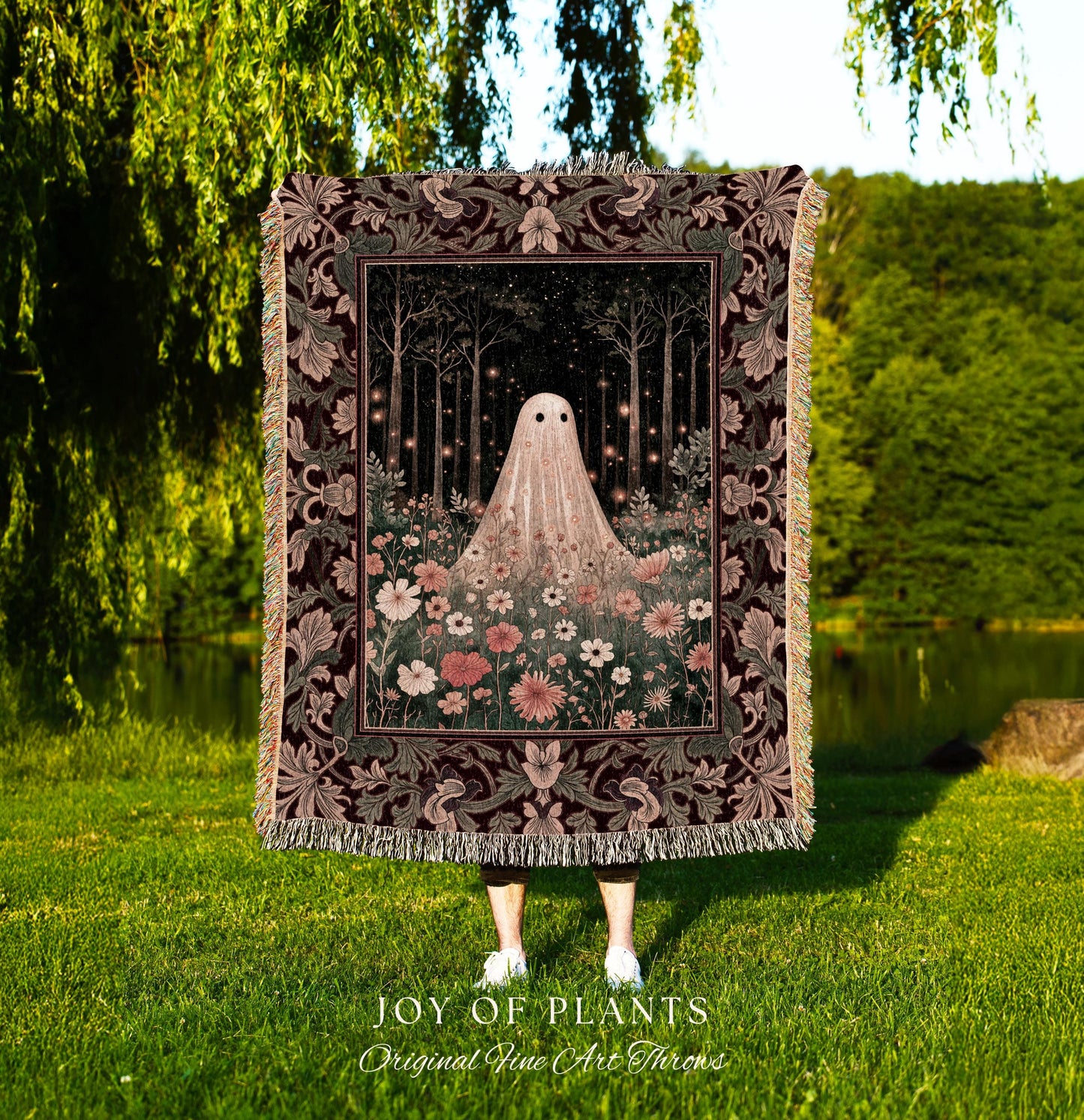 Firefly Forest Ghost Floral Tapestry | Whimsigoth Spooky Cute Cottagecore Woven Throw Blanket Decor Botanical Spirit Season Witchy Vintage