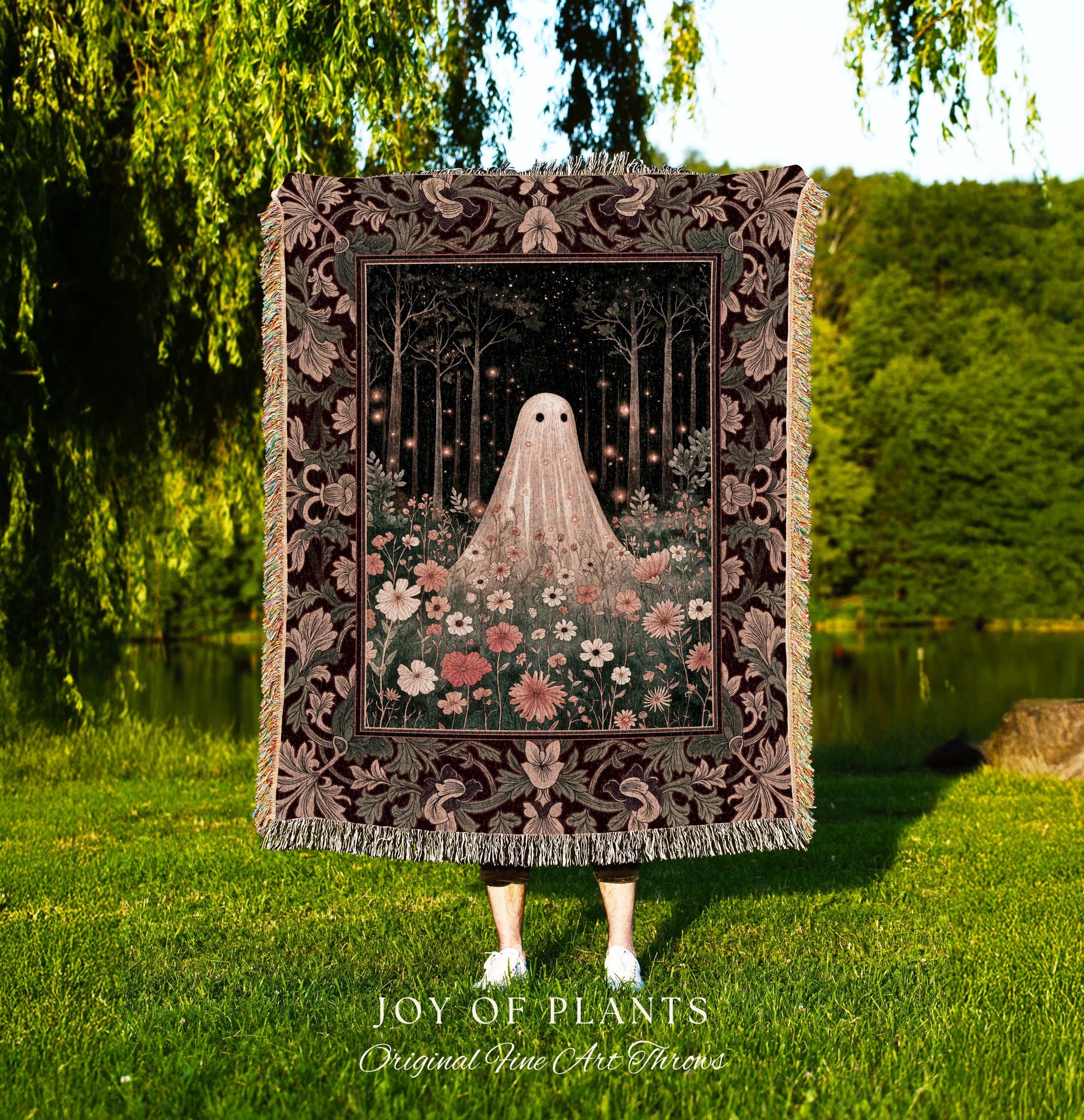 Firefly Forest Ghost Floral Tapestry | Whimsigoth Spooky Cute Cottagecore Woven Throw Blanket Decor Botanical Spirit Season Witchy Vintage