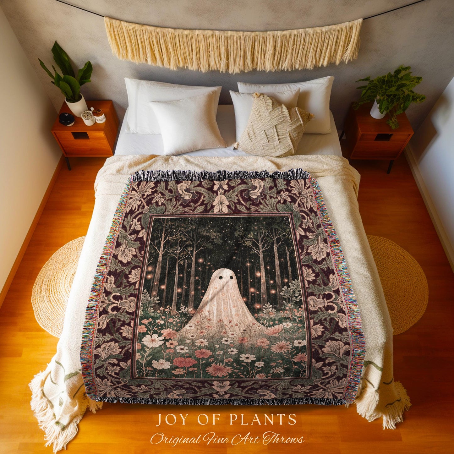 Firefly Forest Ghost Floral Tapestry | Whimsigoth Spooky Cute Cottagecore Woven Throw Blanket Decor Botanical Spirit Season Witchy Vintage