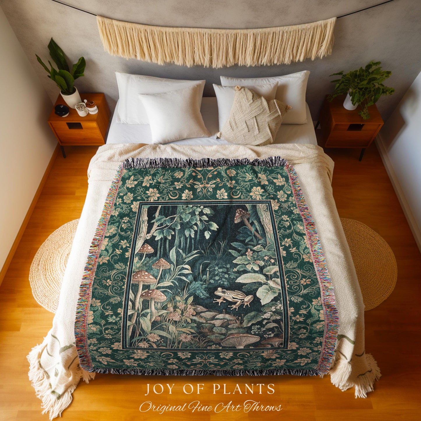 Retro Fungi Forest Throw Blanket | Botanical Wonders Mystic Cute Outdoorsy Woven Tapestry for Eclectic Bedroom Goblincore Fairycore Woodland