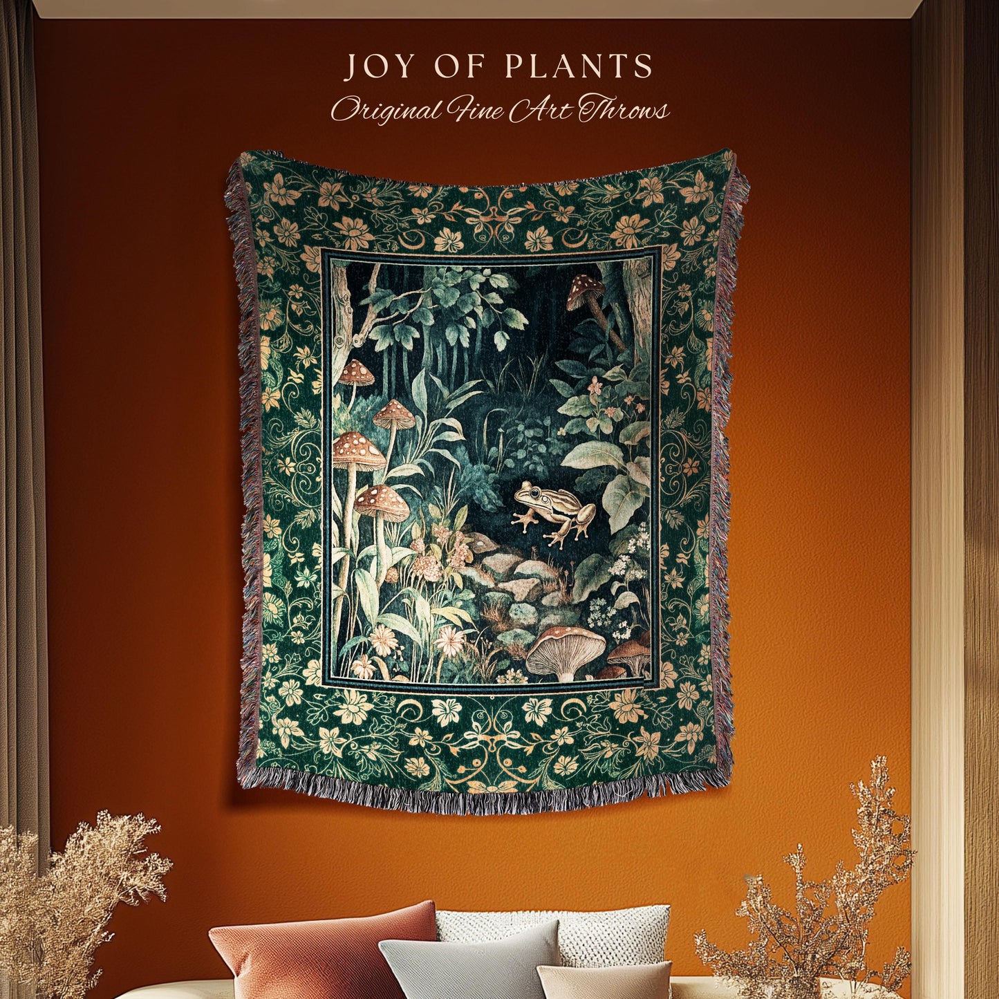 Retro Fungi Forest Throw Blanket | Botanical Wonders Mystic Cute Outdoorsy Woven Tapestry for Eclectic Bedroom Goblincore Fairycore Woodland