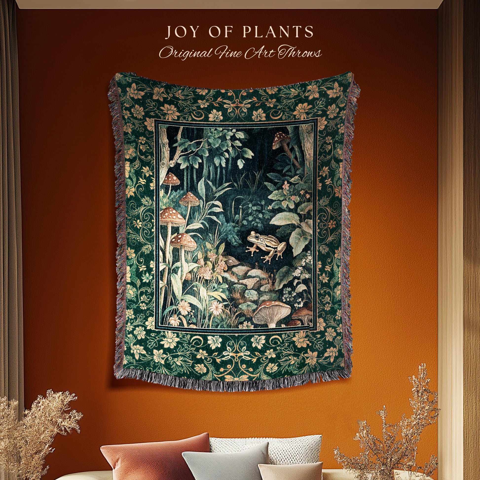 Retro Fungi Forest Throw Blanket | Botanical Wonders Mystic Cute Outdoorsy Woven Tapestry for Eclectic Bedroom Goblincore Fairycore Woodland