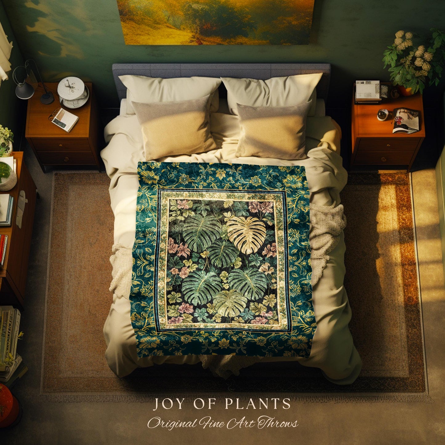 Botanical Cozy Throw Blanket Maximalist Jungle | Plant Lady Blanket Monstera Deliciosa Tapestry Woodland Magical Dark Academia Emerald Green