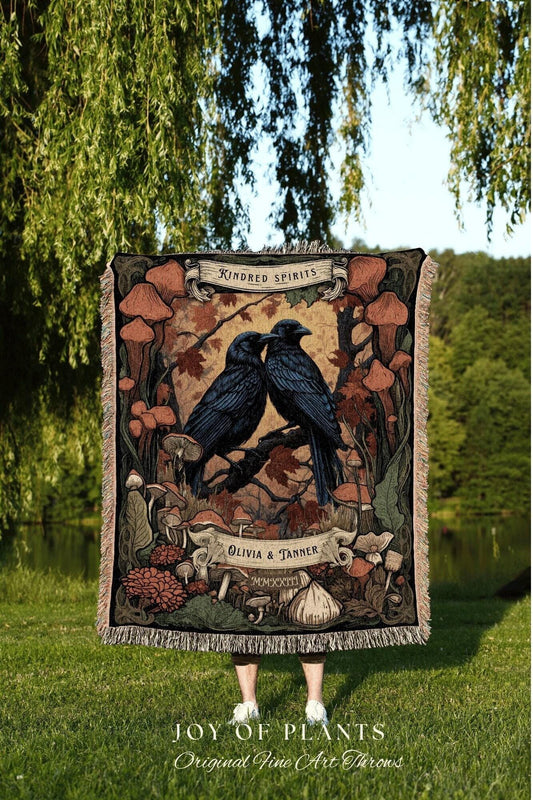Dark Cottagecore Crow Blanket | Gothic Wedding Gift Custom Tapestry Crow Core Blanket Woodland Wedding Crowcore Decor Unique Couple Gifts |