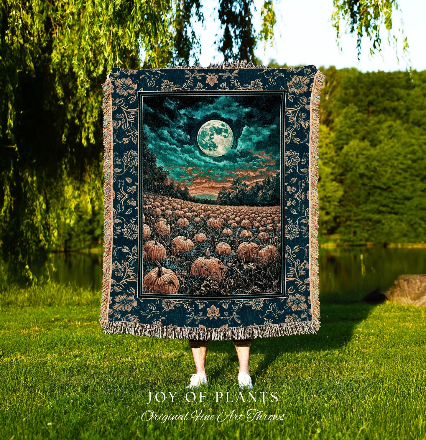 Full Moon Forest Woven Cozy Blanket | Moody Fall Aesthetic Pumpkin Wall Tapestry Whimsigoth Dark Academia Throw Cute Spooky Decor Rustic |