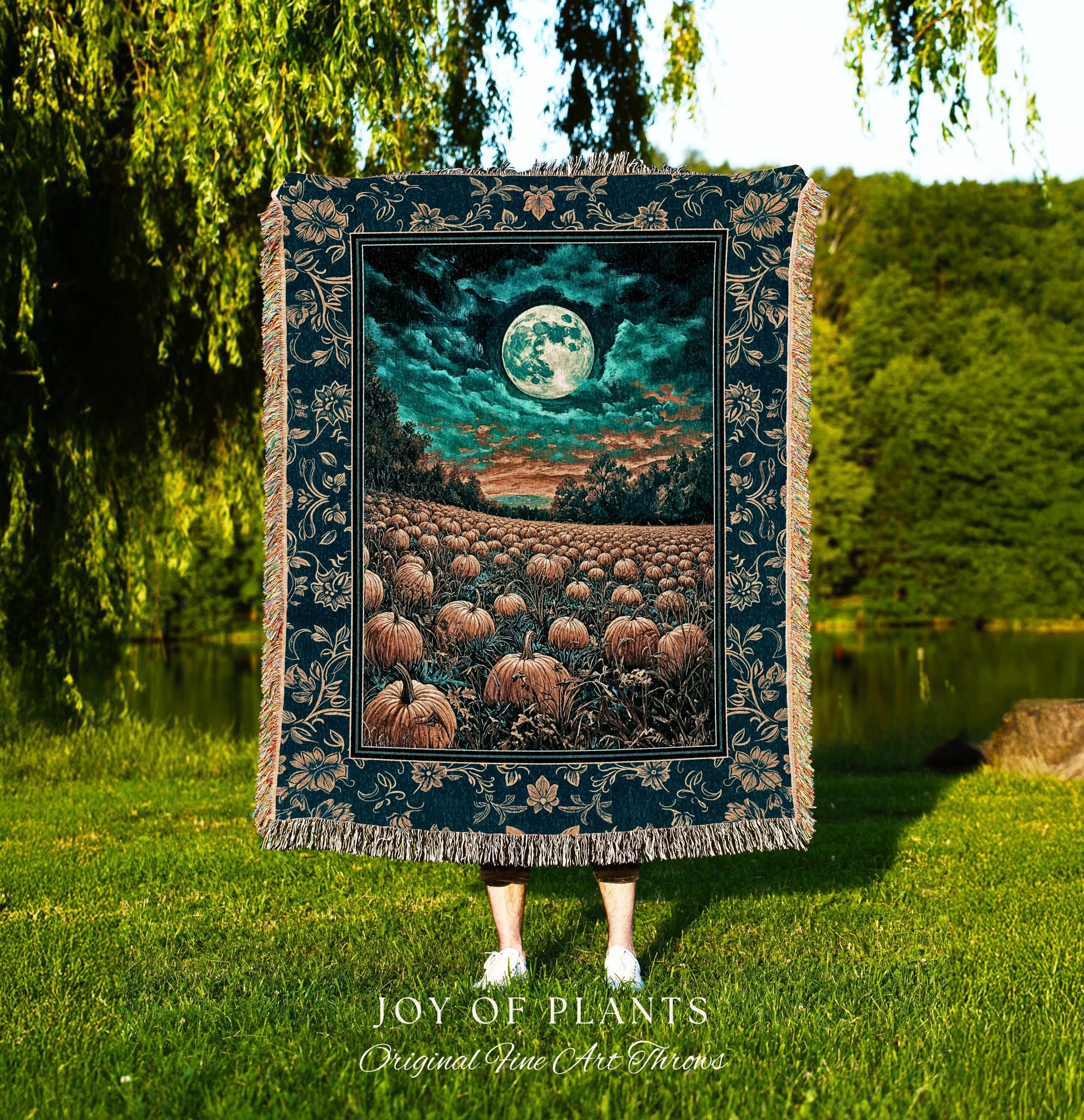 Full Moon Forest Woven Cozy Blanket | Moody Fall Aesthetic Pumpkin Wall Tapestry Whimsigoth Dark Academia Throw Cute Spooky Decor Rustic |