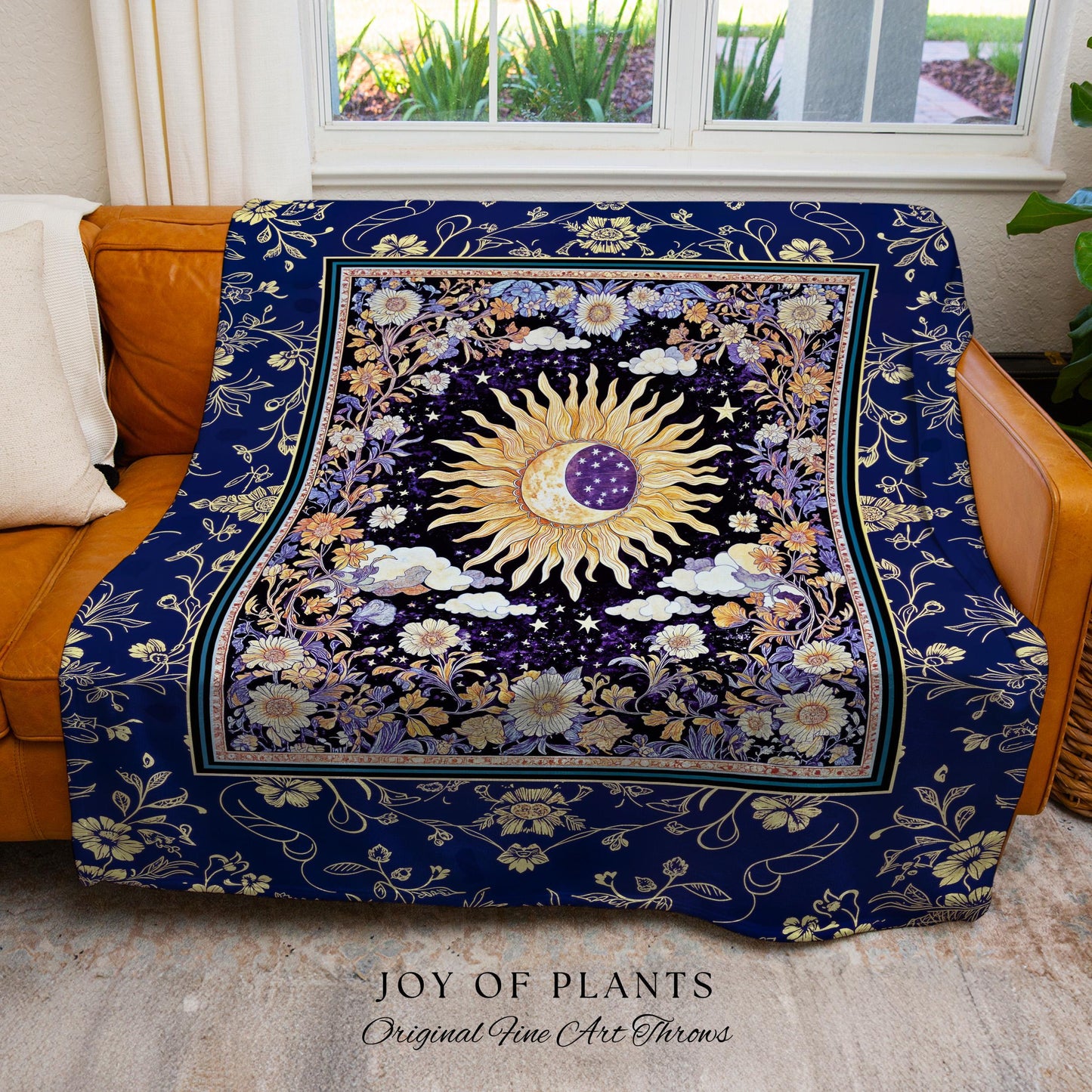 Cosmic Whimsy Fairycore Tapestry | Ethereal Sun Blanket Woven Throw Celestial Bedroom Floral Tarot Theme Sun and Moon Colorful Maximalist