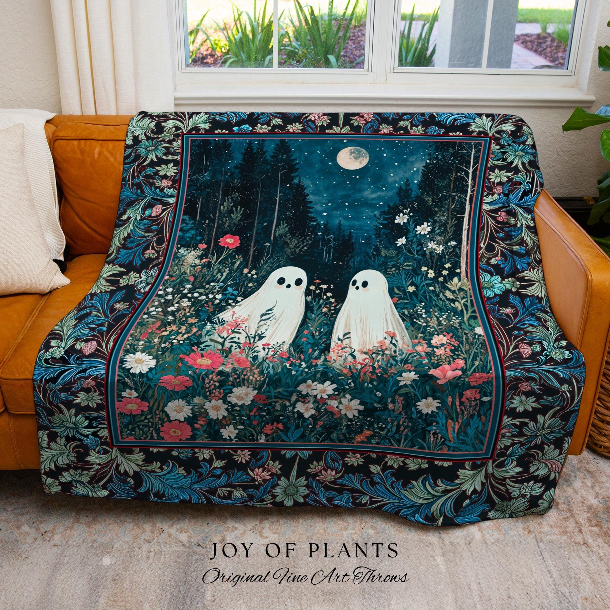 Moody Midnight Blue Ghosts Blanket | Woven Cottagecore Halloween Throw Floral Ghost Tapestry Cozy Fall Gothic Home Decor Moonlit Forest Art