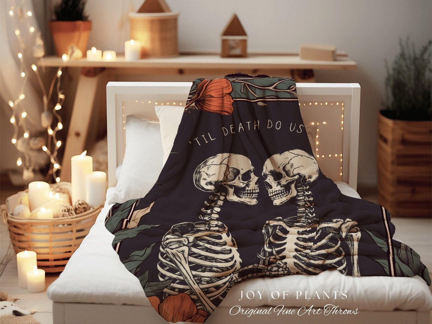 Skeleton Couple Blanket 'Til Death do us Part' Woven Tapestry | Gothic Wedding Custom Blanket Woven | Wedding Gift Personalized Skeleton Art