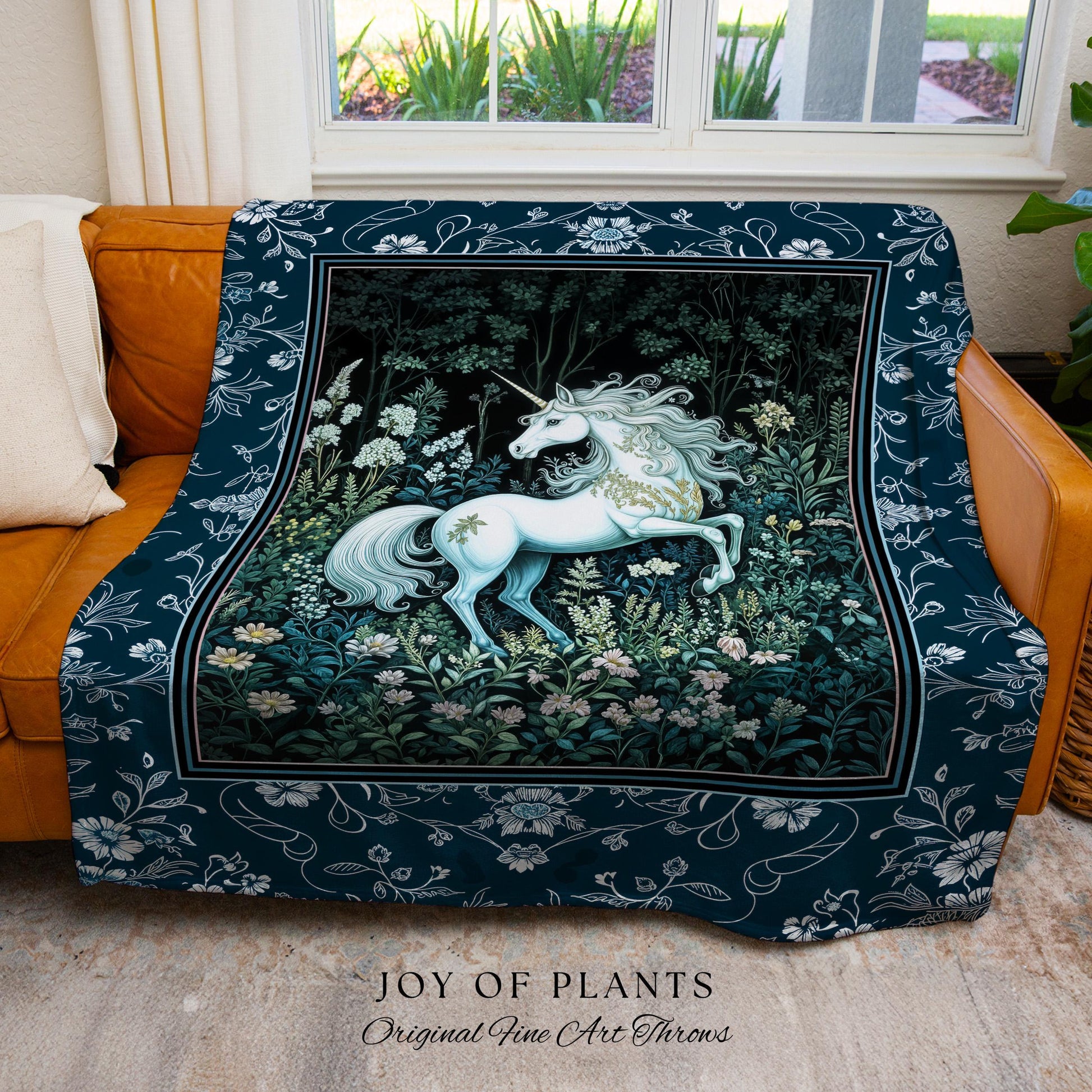 Midnight Magic Unicorn Tapestry | Dark Botanical Maximalist Bedroom Colorful Whimsical Victorian Fairycore Woven Throw Blanket Medieval |