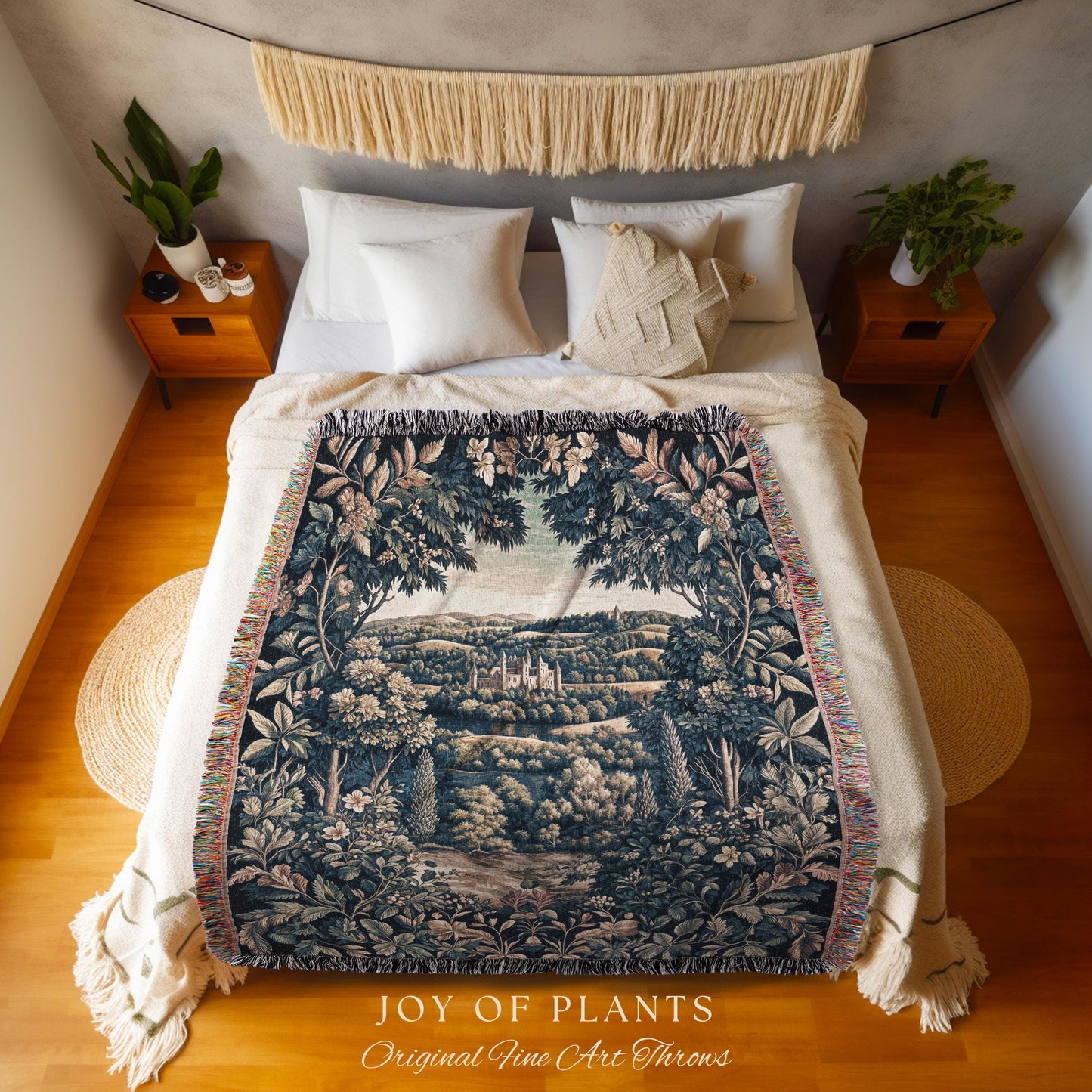 Elegant Rococo Landscape Botanical Coverlet | Romantic Victorian Elegance Medieval Gothic Fairytale Floral Throw Blanket Baroque Style |