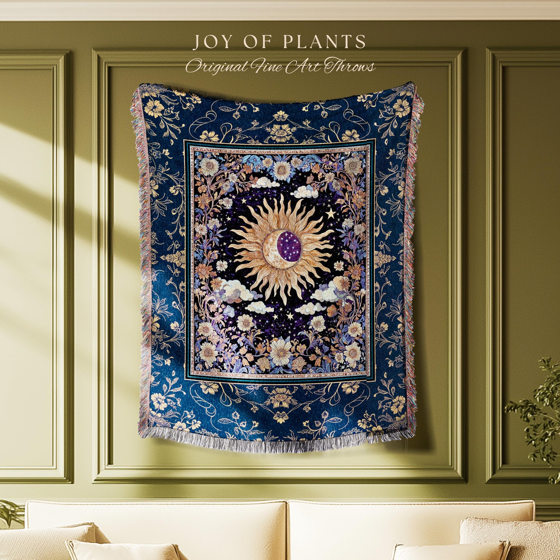 Cosmic Whimsy Fairycore Tapestry | Ethereal Sun Blanket Woven Throw Celestial Bedroom Floral Tarot Theme Sun and Moon Colorful Maximalist