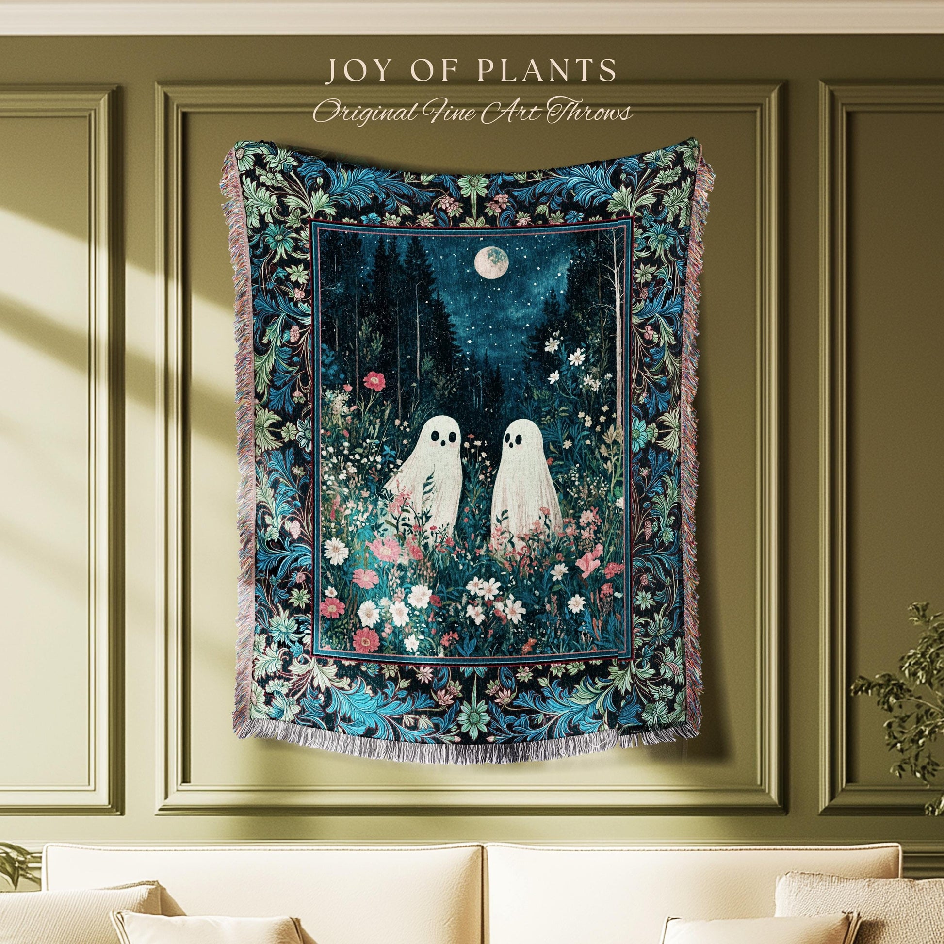 Moody Midnight Blue Ghosts Blanket | Woven Cottagecore Halloween Throw Floral Ghost Tapestry Cozy Fall Gothic Home Decor Moonlit Forest Art