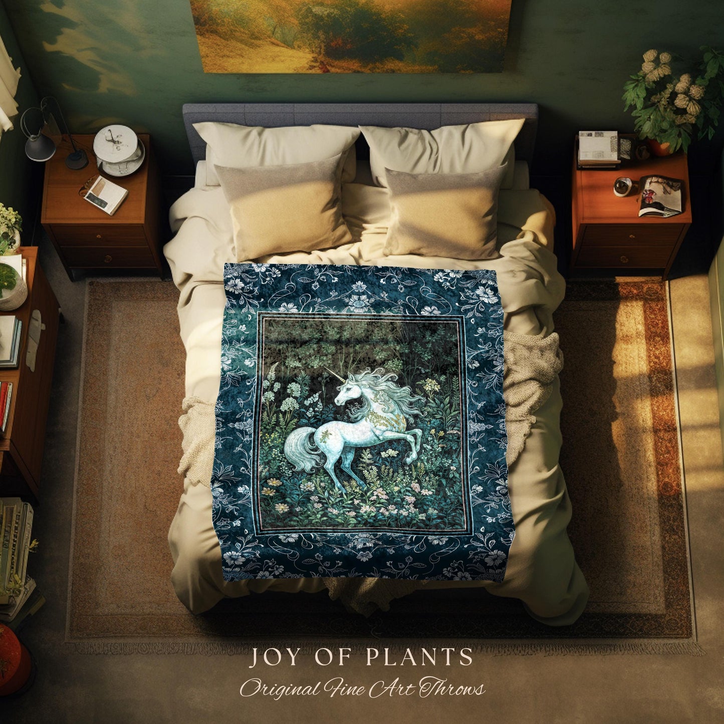 Midnight Magic Unicorn Tapestry | Dark Botanical Maximalist Bedroom Colorful Whimsical Victorian Fairycore Woven Throw Blanket Medieval |