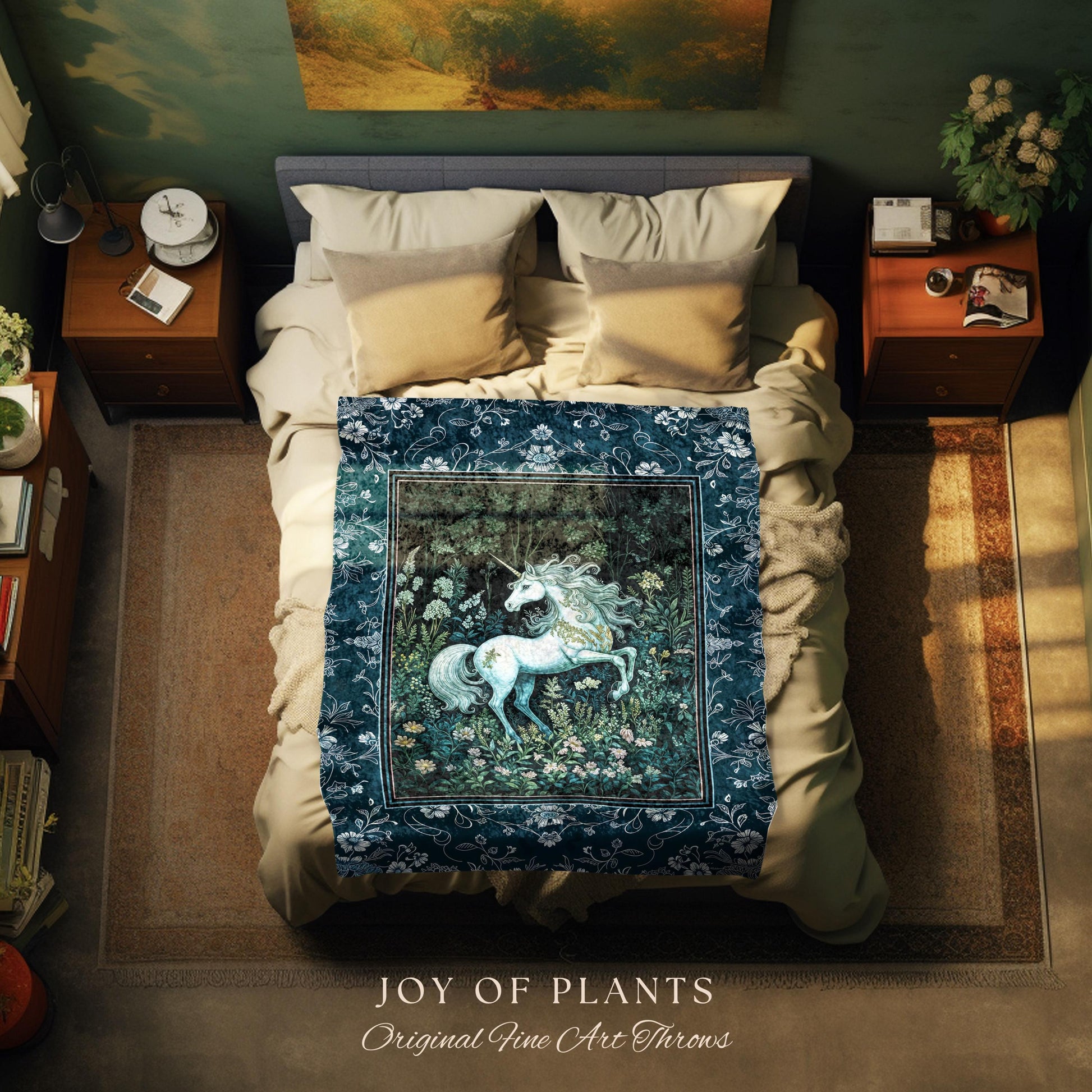 Midnight Magic Unicorn Tapestry | Dark Botanical Maximalist Bedroom Colorful Whimsical Victorian Fairycore Woven Throw Blanket Medieval |