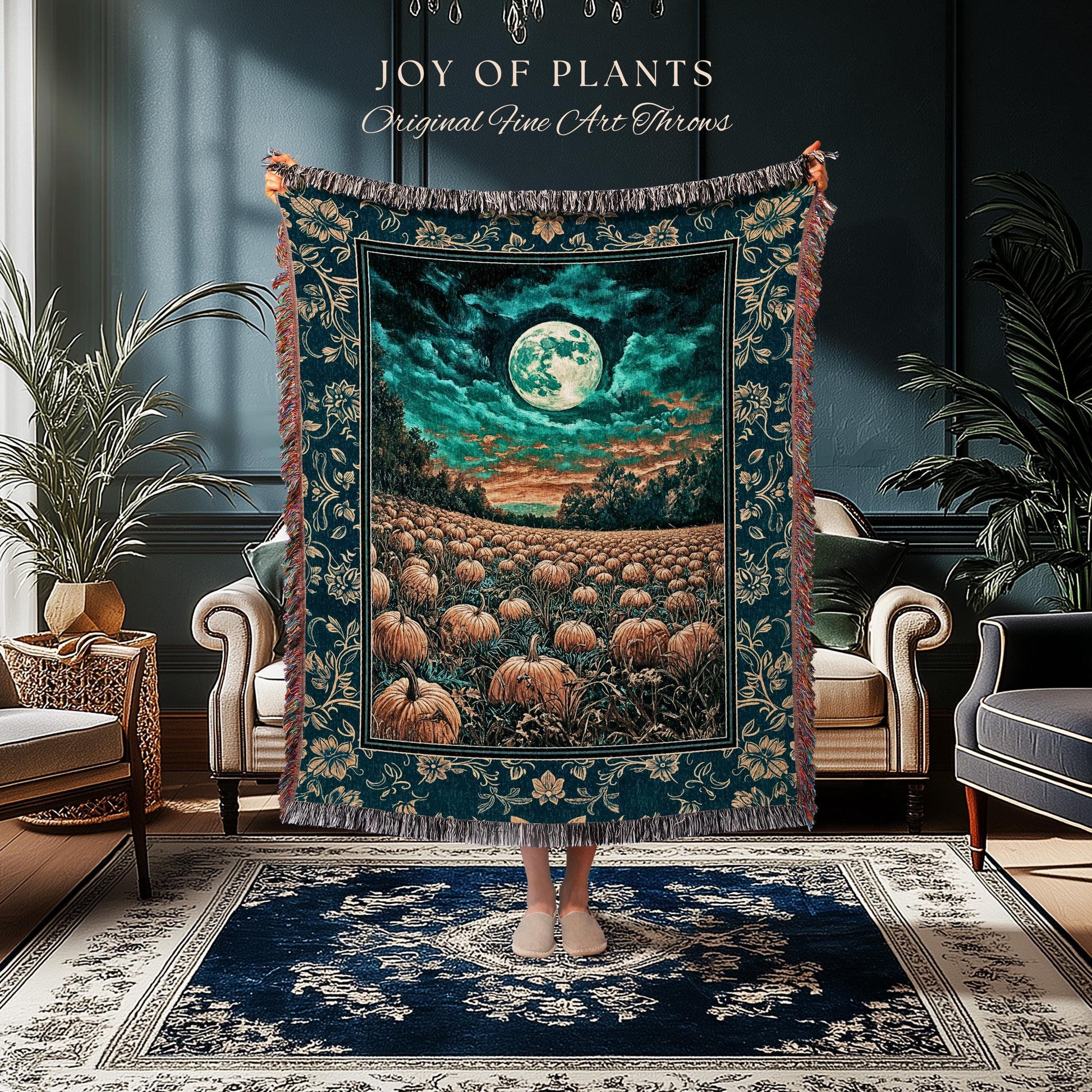 Full Moon Forest Woven Cozy Blanket | Moody Fall Aesthetic Pumpkin Wall Tapestry Whimsigoth Dark Academia Throw Cute Spooky Decor Rustic |