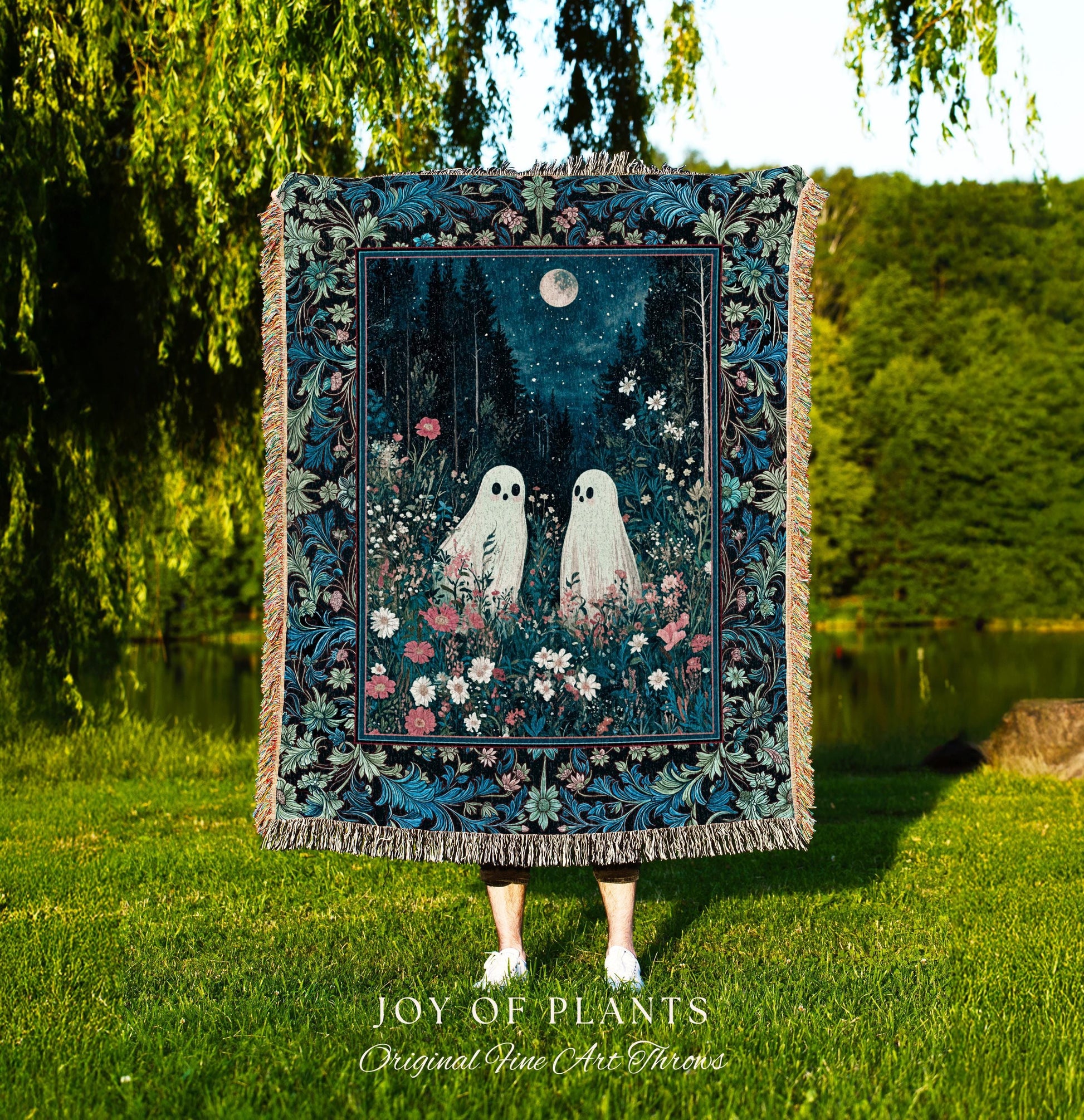 Moody Midnight Blue Ghosts Blanket | Woven Cottagecore Halloween Throw Floral Ghost Tapestry Cozy Fall Gothic Home Decor Moonlit Forest Art