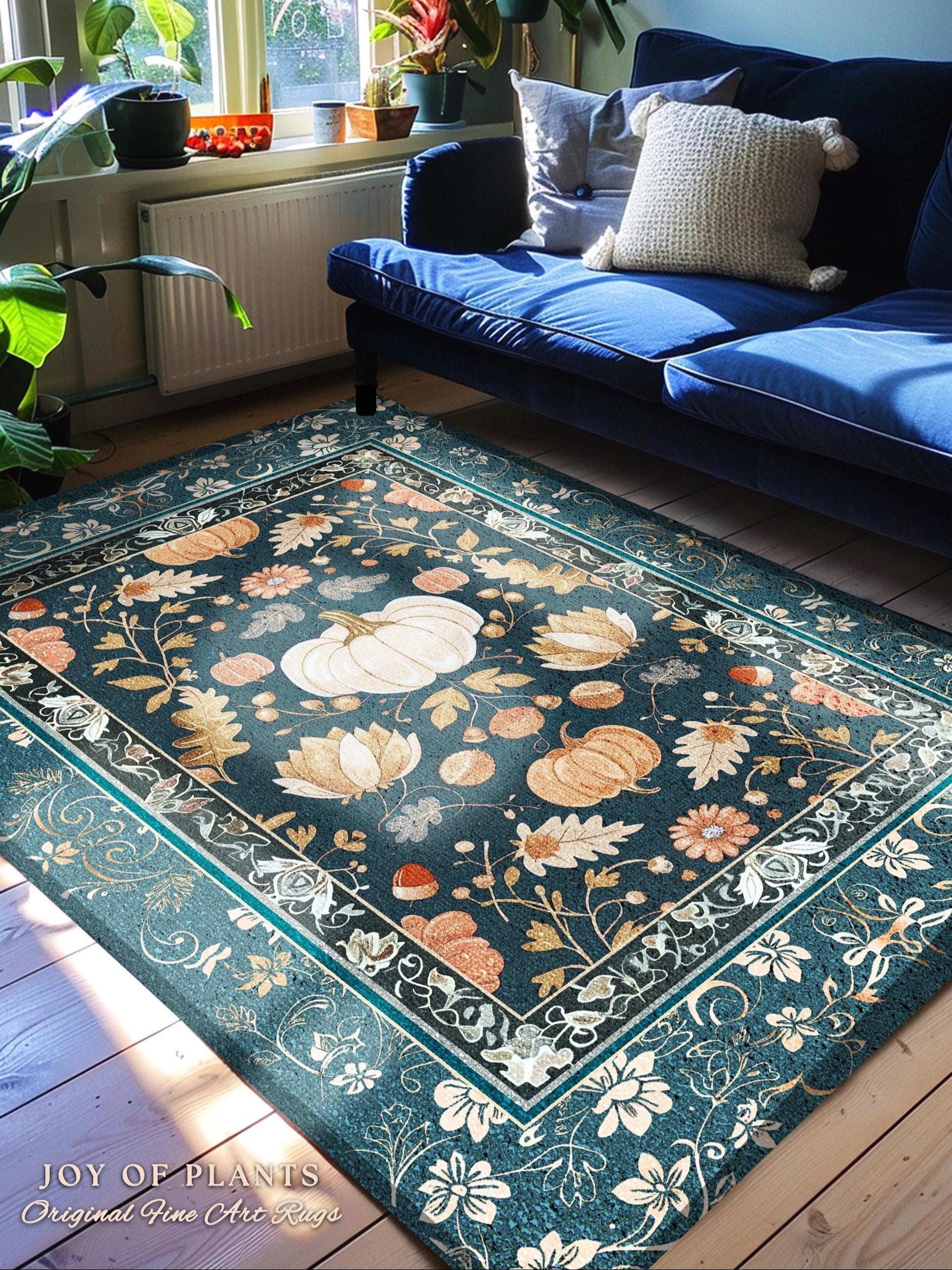 Floral Teal Art Nouveau Pumpkin Rug Rustic Botanical Decor | Whimsical Pumpkin Rug Boho Eclectic Unique Coquette Decor Cozy Fall Fairycore