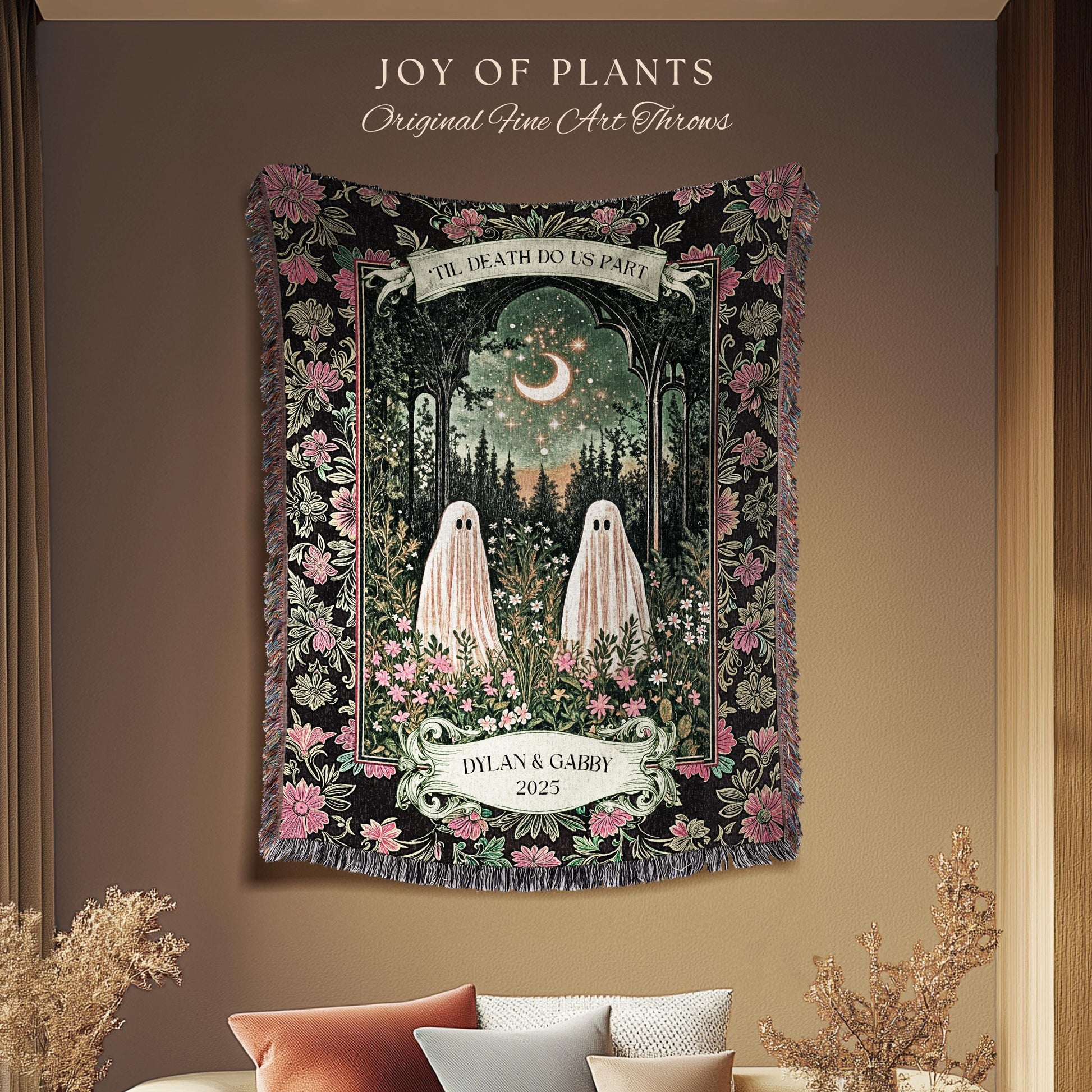 Mystic Moonlit Ghost Couple Custom Blanket | Gothic Cozy Aesthetic Spooky Wedding Gift His & Hers Halloween Spirits Personalized Names Throw