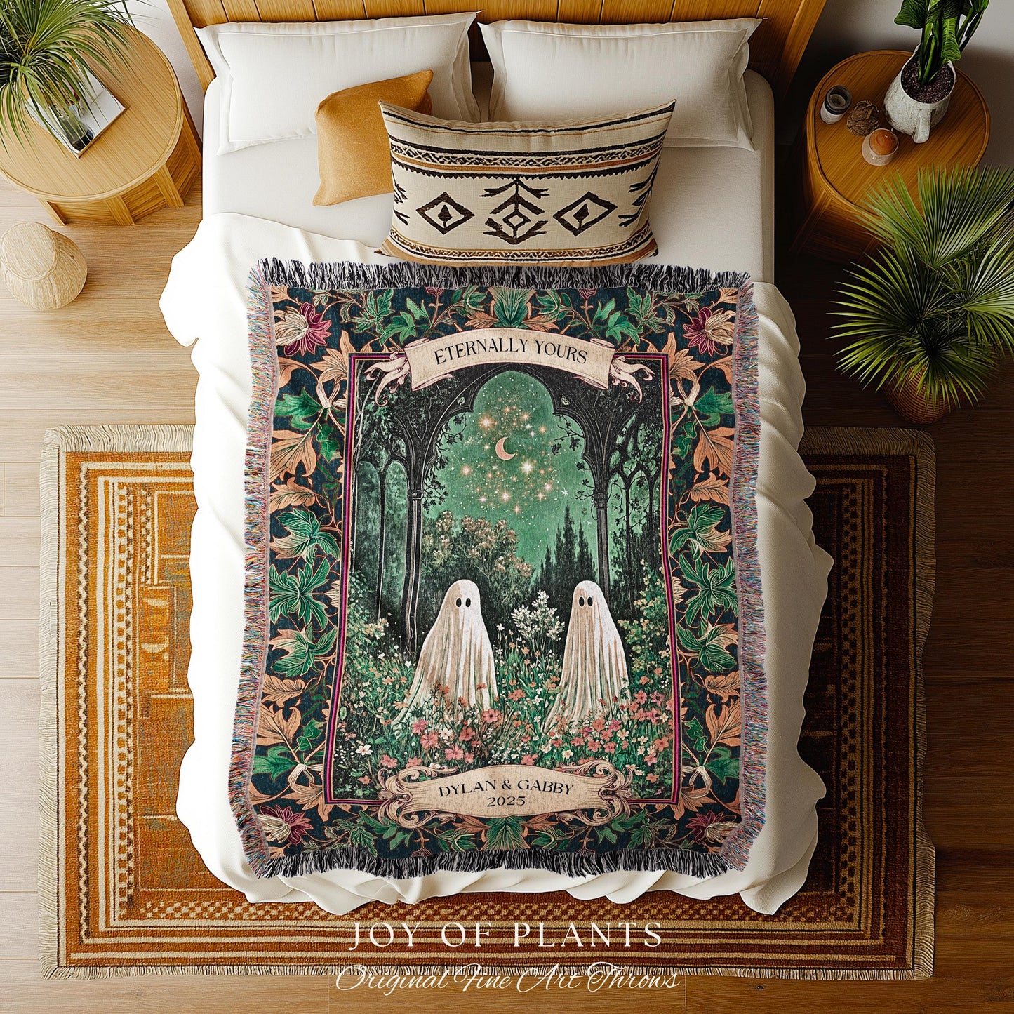 Ghost Couple Starlit Custom Tapestry | Cottagecore Floral Blanket Celestial Ghost Decor Gothic Enchanted Autumn Wedding Magical Personalized