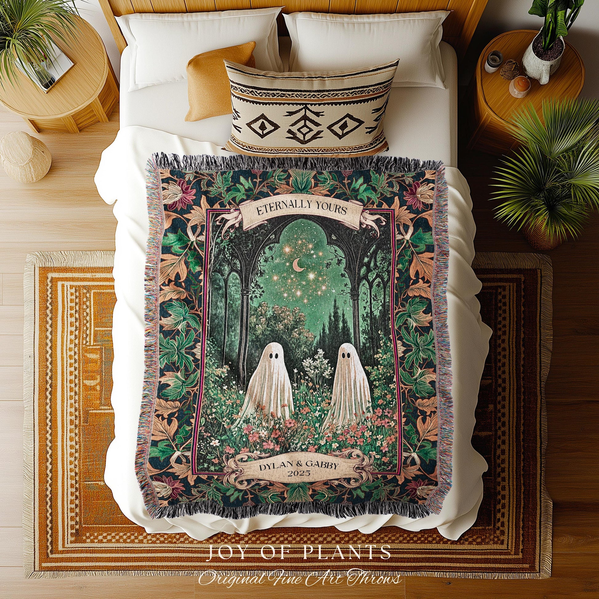 Ghost Couple Starlit Custom Tapestry | Cottagecore Floral Blanket Celestial Ghost Decor Gothic Enchanted Autumn Wedding Magical Personalized